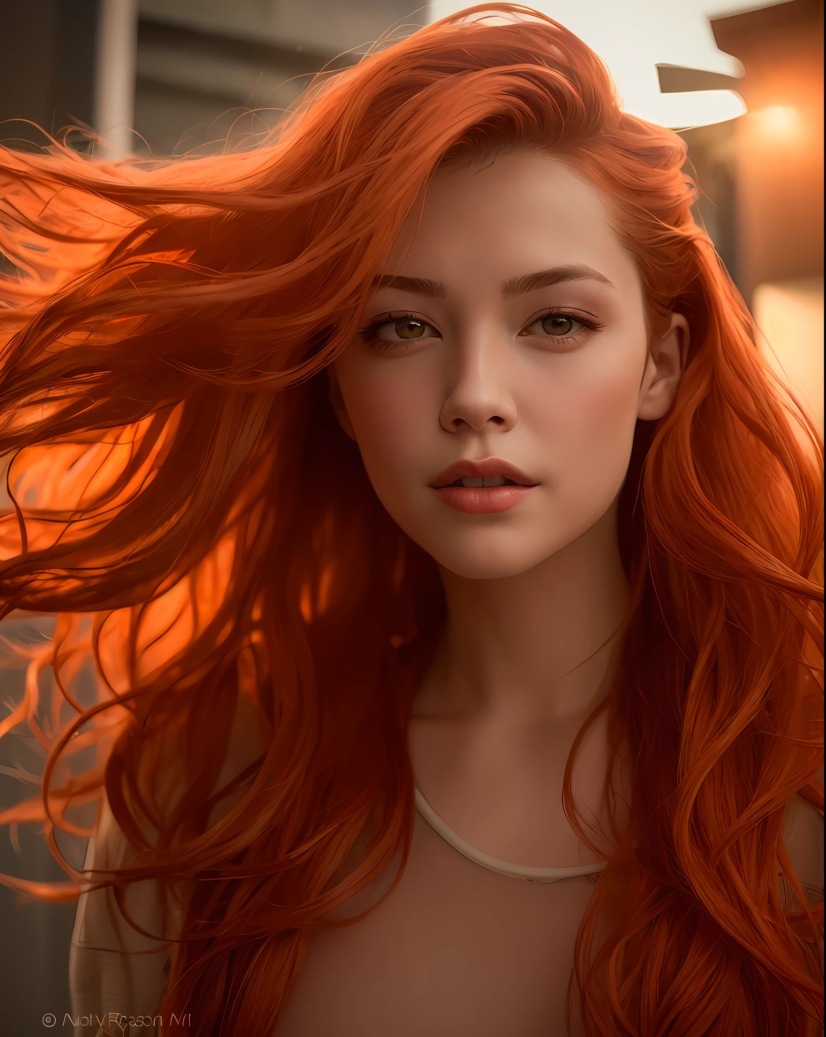 a close up of a woman with long red hair and a shirt, flowing ginger hair, long ginger hair windy, redhead woman, ginger wavy hair, orange skin and long fiery hair, redhead girl, ginger hair, wild ginger hair, beautiful redhead woman, orange glowing hair, flowing backlit hair, red hair and attractive features, flowing red hair, orange flowing hair