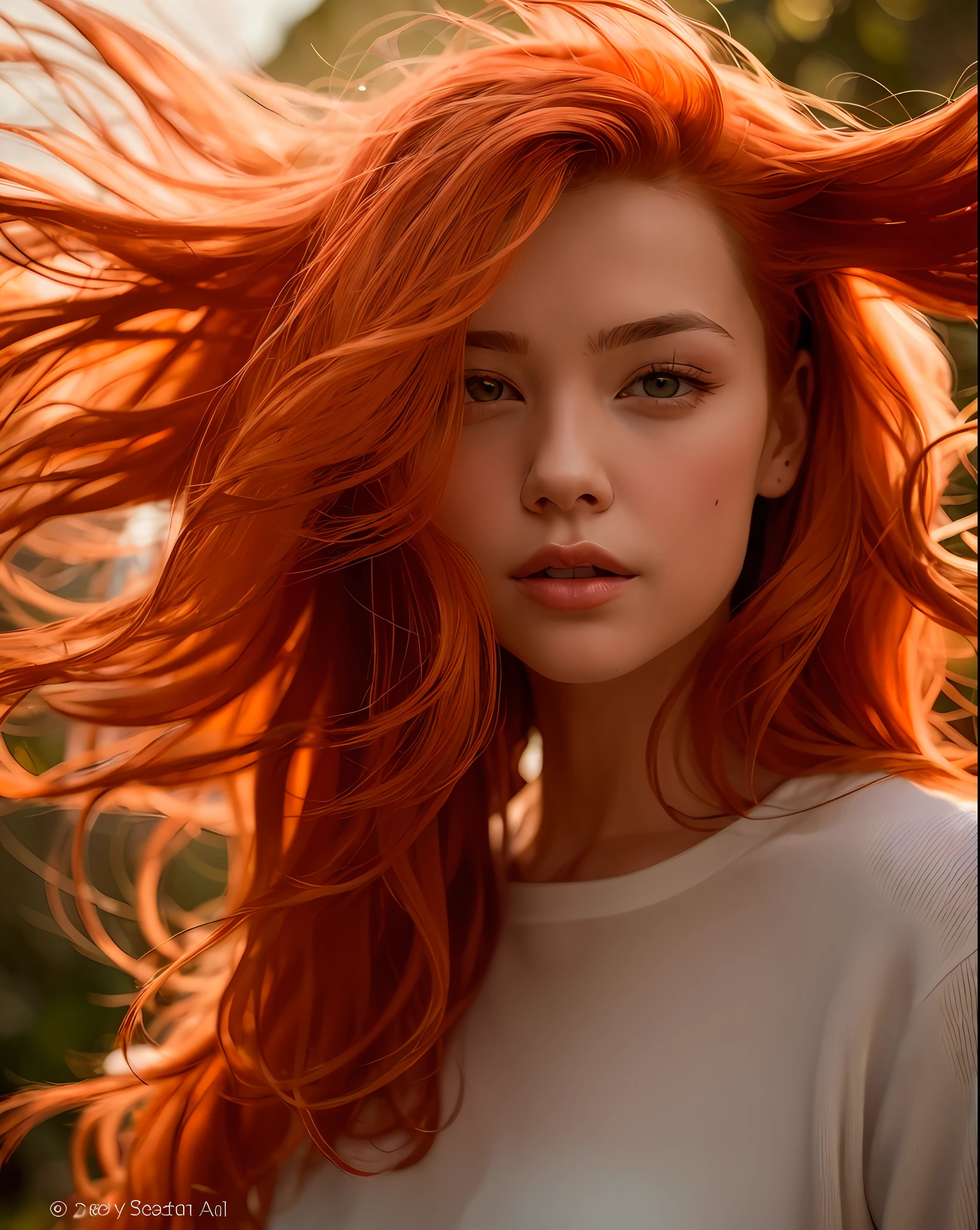 a close up of a woman with long red hair and a shirt, flowing ginger hair, long ginger hair windy, redhead woman, ginger wavy hair, orange skin and long fiery hair, redhead girl, ginger hair, wild ginger hair, beautiful redhead woman, orange glowing hair, flowing backlit hair, red hair and attractive features, flowing red hair, orange flowing hair
