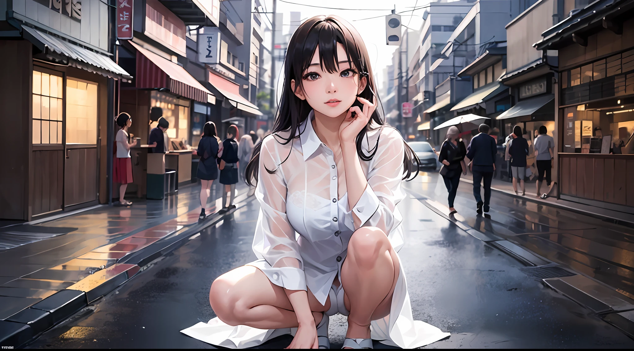 There is a girl wearing a long white translucent shirt with her hands on her knees posing for a photo, Sexy girl, Asian girl, No underwear, No pants,A high resolution,tmasterpiece,best quailty,Intricate details,highly detaile,Clear focus,Detailed skins,realistic skin textures,Texture,Detailed eyes,Professionalism,4K,Depth of field, perspective,Kodak Visual Color, extremely detaile, realistic ism, Post-processing, Maximum detail, Roughness, Ultra photo realsisim, Photo realism,8K UHD, Cinematography(filmgrain), character is in her natural pose, Young intaglio idol posing, distorted pose,there is a stone clock tower on the side of a street, a picture inspired by Kōno Michisei, unsplash, shin hanga, japanese downtown, tokyo street cityscape, cyberpunk streets in japan, Japan City Background, tokyo akihabara street cityscape, photograph of the city street, cyberpunk gunma prefecture, tokyo prefecture, tokyo street background, street japan, tokyo japan