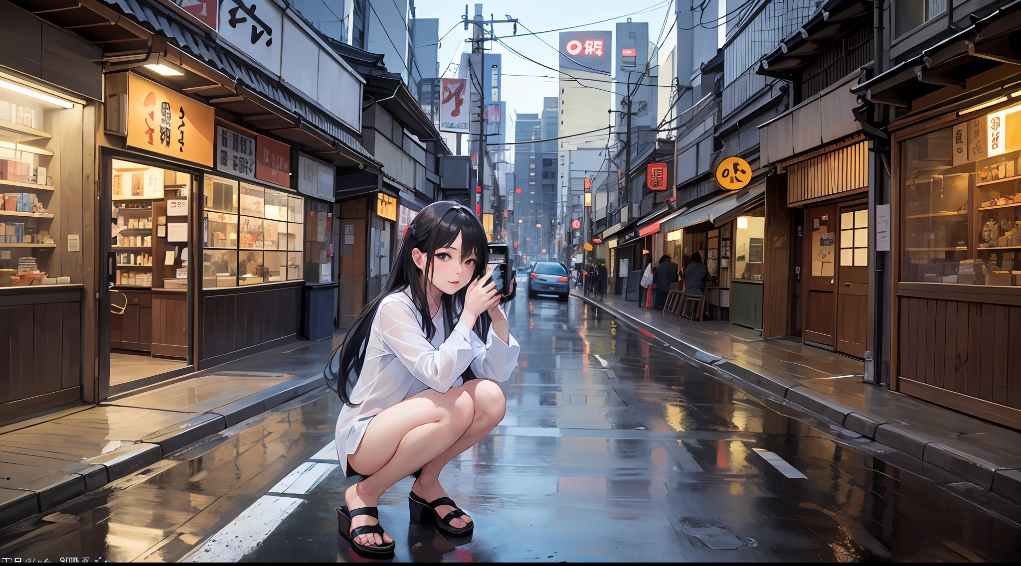 There is a girl wearing a long white translucent shirt with her hands on her knees posing for a photo, Sexy girl, Asian girl, No underwear, No pants，A high resolution，tmasterpiece，best quailty，Intricate details，highly detaile，Clear focus，Detailed skins，realistic skin textures，Texture，Detailed eyes，Professionalism，4K，Depth of field， perspective，Kodak Visual Color， extremely detaile， realistic ism， Post-processing， Maximum detail， Roughness， Ultra photo realsisim， Photo realism，8K  UHD， Cinematography（filmgrain）, character is in her natural pose, Young intaglio idol posing, distorted pose,there is a stone clock tower on the side of a street, a picture inspired by Kōno Michisei, unsplash, shin hanga, japanese downtown, tokyo street cityscape, cyberpunk streets in japan, Japan City Background, tokyo akihabara street cityscape, photograph of the city street, cyberpunk gunma prefecture, tokyo prefecture, tokyo street background, street japan, tokyo japan