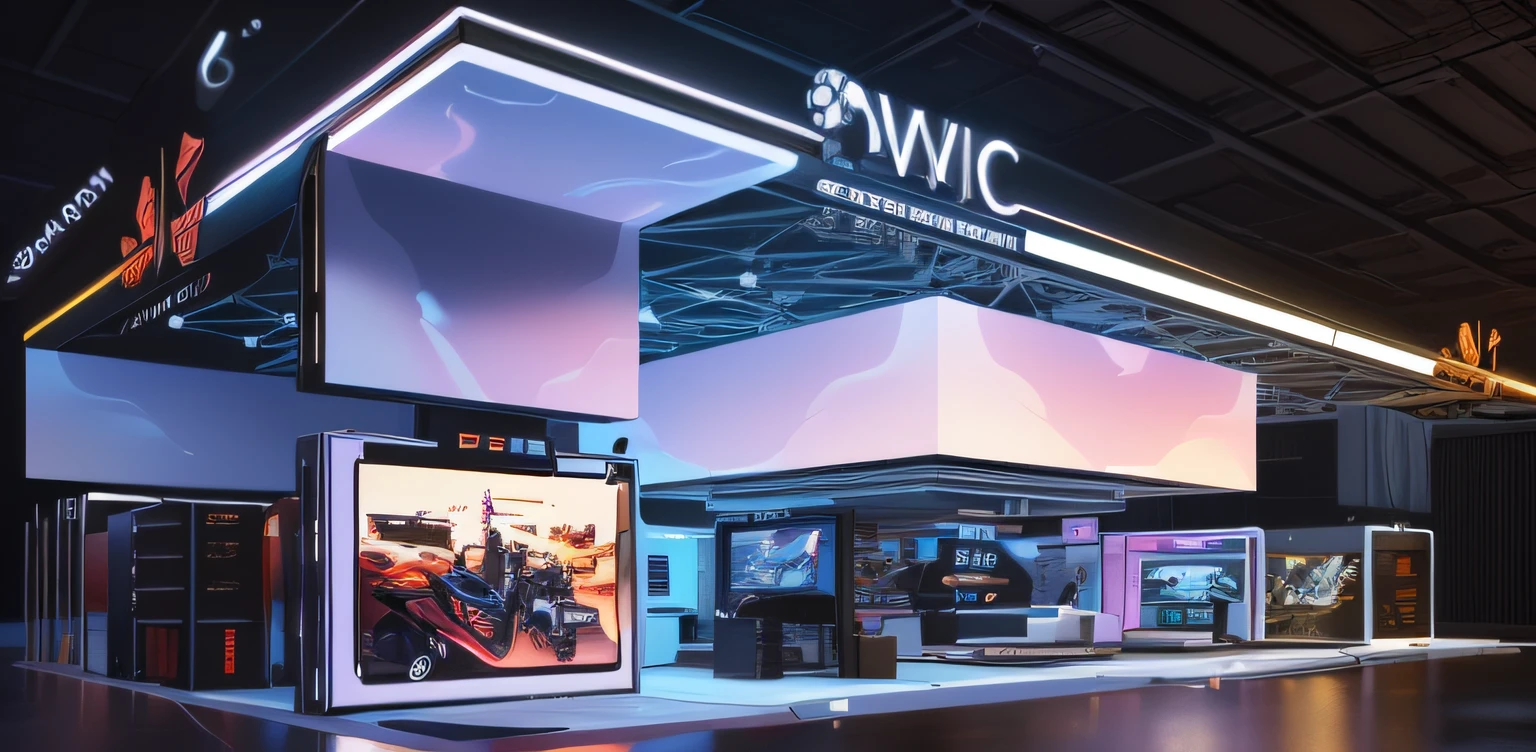 Booth renderings with large display, Simplified,distinct,Clear,Photogenic,Realistic,virtual set, exhibition hall lighting, expert design, large commercial led screens, A digital rendering, large led screens,Complex spaces,The white,Huge space for Ymax rendering,, A digital rendering, Future technology showcase, extreme render, 3ds Max, 3 ds max, finalrender,Detailed reflective painting by senior environmental artist,Inspired by 3D renderings by Syd Mead, number art, A futuristic, sci-fy, scifi room, Futuristic Indoor, Sci-fi Engine Booth, Futuristic setting, Octane rendering sci-fi, Cyberpunk showroom, surreal sci fi set design,shutter,afofuturism,Futuristic showroom