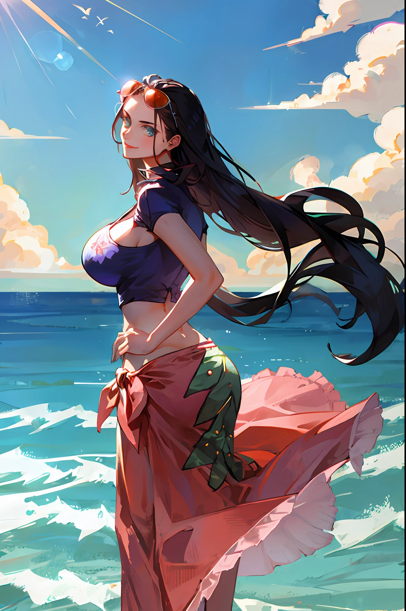 nico robin, 1girl, black hair, blue eyes, breasts, eyewear on head, from side, hair slicked back, hands on own hips, large breasts, long hair, long skirt, looking back, narrow waist, sarong, smile, solo, standing, sunglasses, sea, floral pattern on sarong, ((masterpiece))