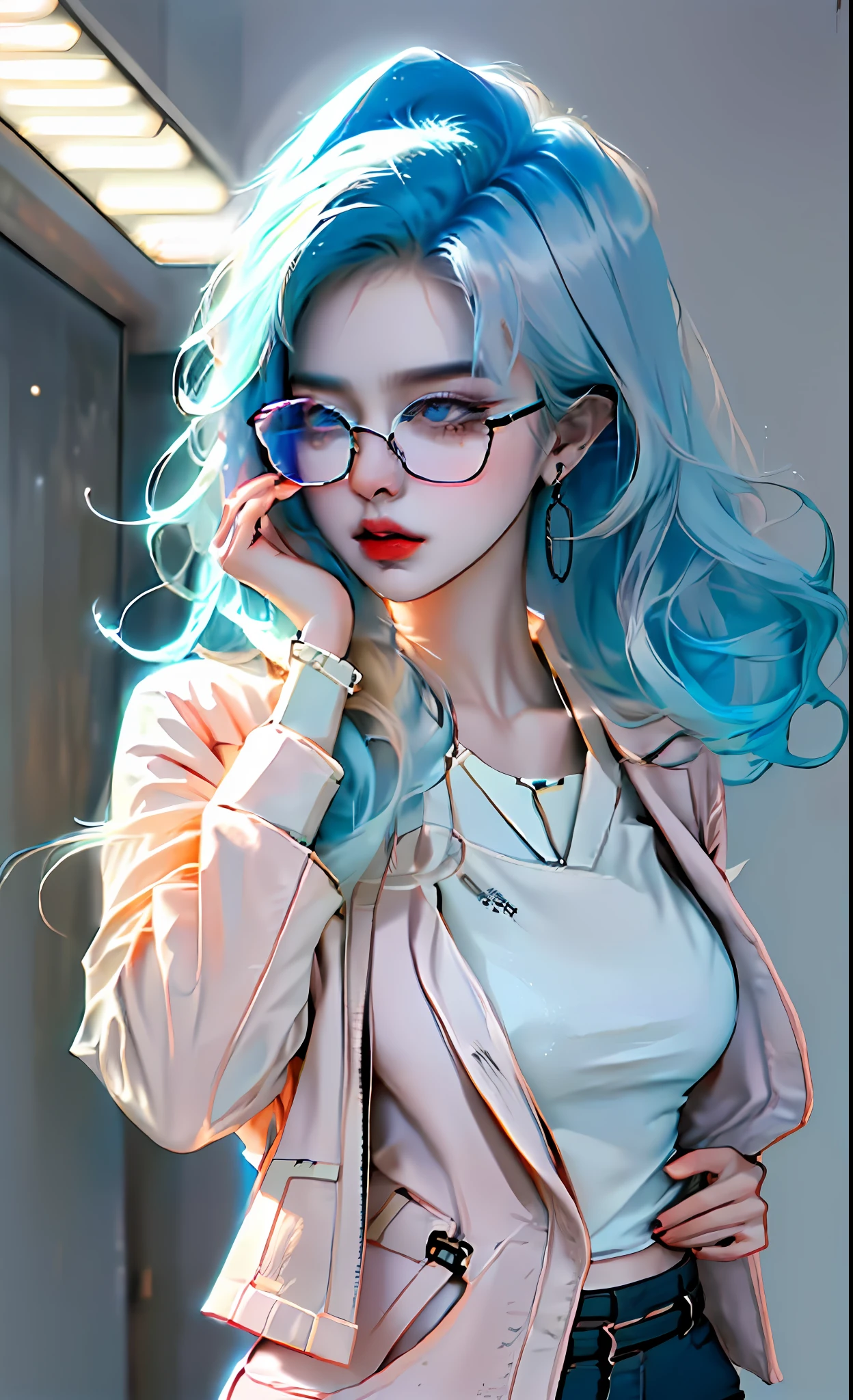 巨作, Best quality, 1girl huge large breasts, Blue hair, Medium hair, oversized suit jacket, Oversized clothes, shirt, trousers, Glasses, jewelry, 手拿手提包, (Simple background:1.1), fashion editorial, Dramatic lighting