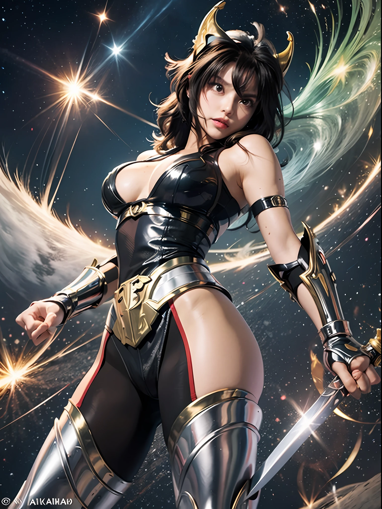 a cartoon picture of a girl in a space suit with a sword, saint seiya, unreal engine render saint seiya, akiri toriyama, toriyama akira, drawn like the anime speed racer, inspired by Takahashi Yuichi, inspired by Matsumura Goshun, inspired by Ikuo Hirayama, by Akira Toriyama, Pegasus seiya, pegasus cloth seiya, pegasus armor saint seiya, big boobs, show cleavage