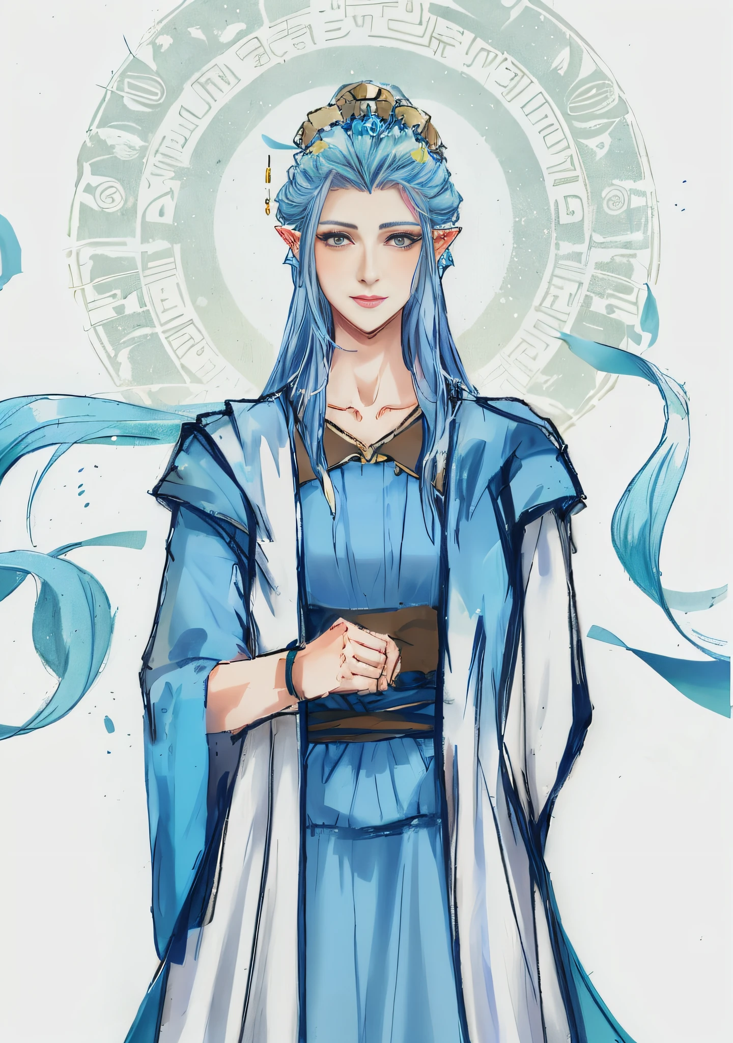 a drawing of a woman in a blue dress and a blue robe, flowing hair and long robes, gandalf as a woman, Delicate androgynous prince, beautiful androgynous prince, in a cloak with long hairs, full-body xianxia, elven character with smirk, portrait of a slender elven man, In the blue robe, a male elf