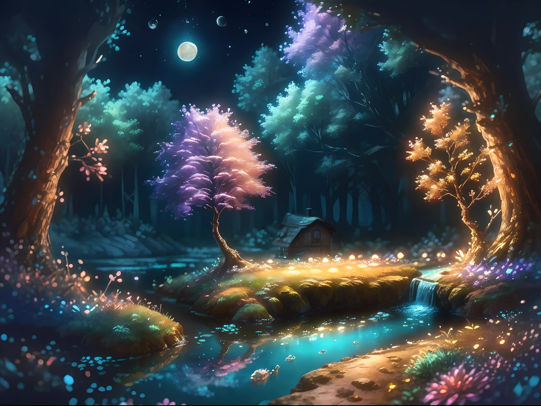 Sub-effects, High-quality aesthetic picture texture)The fairytale cottage is shining,Detailed description,Tree forest,Small rivers,Large-leaved plants,Bling,Golden river water,High hills,Silver waterfalls,Particle,(Violet fluorescence, The moon and the stars shine)。