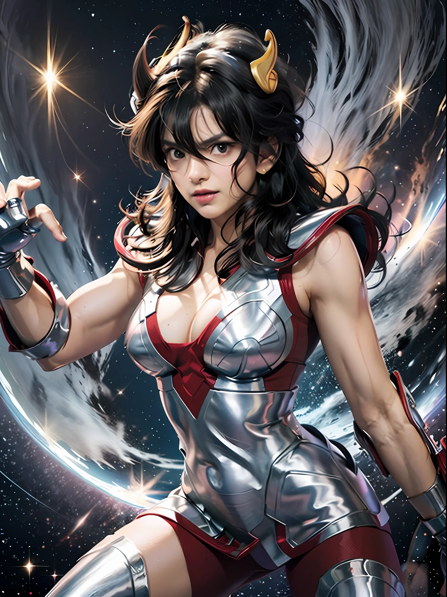 a cartoon picture of a girl in a space suit with a sword, saint seiya, unreal engine render saint seiya, akiri toriyama, toriyama akira, drawn like the anime speed racer, inspired by Takahashi Yuichi, inspired by Matsumura Goshun, inspired by Ikuo Hirayama, by Akira Toriyama, Pegasus seiya, pegasus cloth seiya, pegasus armor saint seiya, big boobs, show cleavage, good proportion body, perfect body proportion,