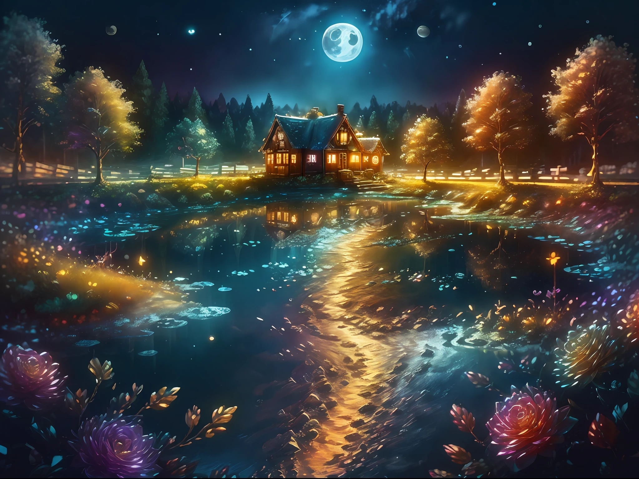 Sub-effects, High-quality aesthetic picture texture)The fairytale cottage is shining,Detailed description,Tree forest,Small rivers,Large-leaved plants,Bling,Golden river water,High hills,Silver waterfalls,Particle,(Violet fluorescence, The moon and the stars shine)。