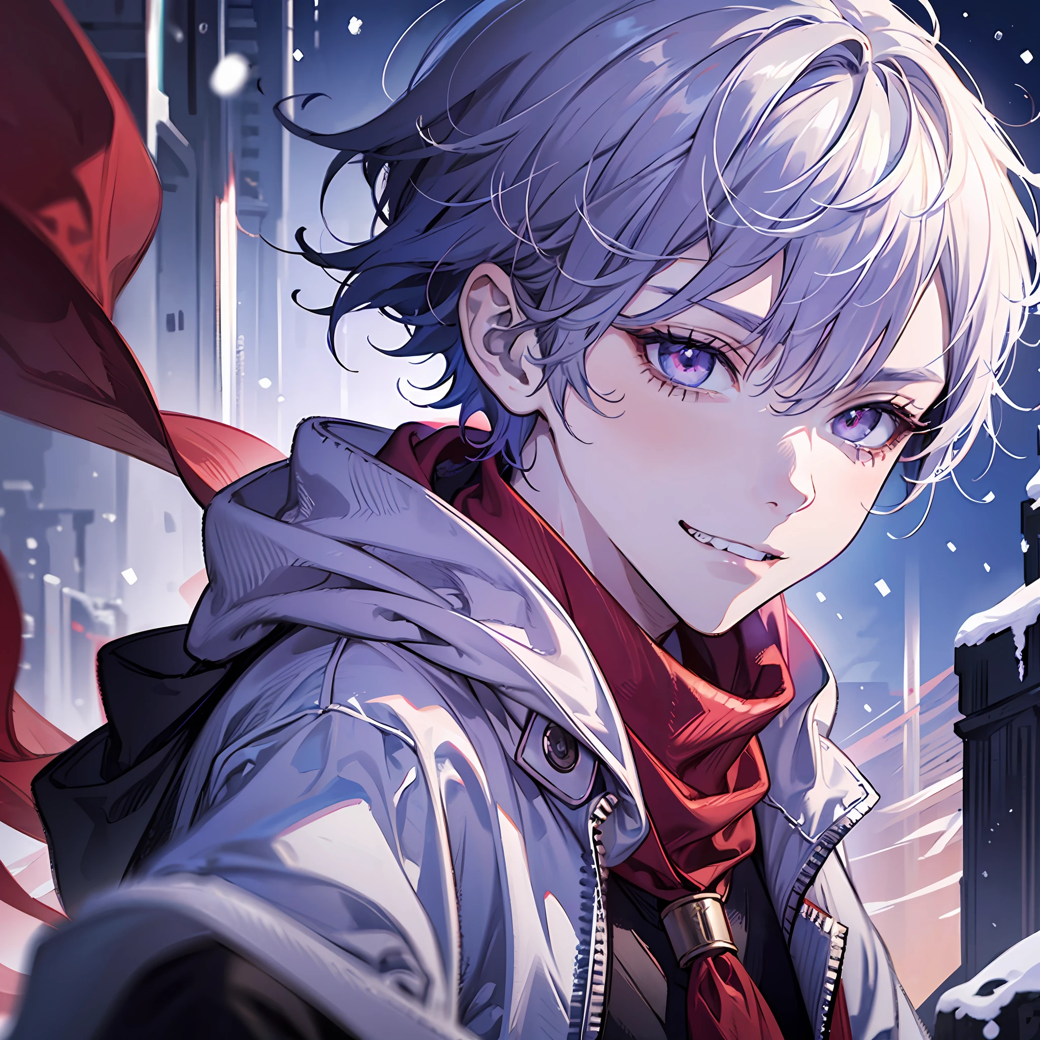 (Masterpiece, best quality:1.2),Anime boy,1boy,white short hair,evil grin,Dust sans,hair covering right eye,looking at the viewer,facing away, wearing a blue open hoodie jacket,wearing a red scarf,red scarf covering mouth,close up shot, digital sketch, highest quality digital art,red and purple eye's,winter,snow,8k