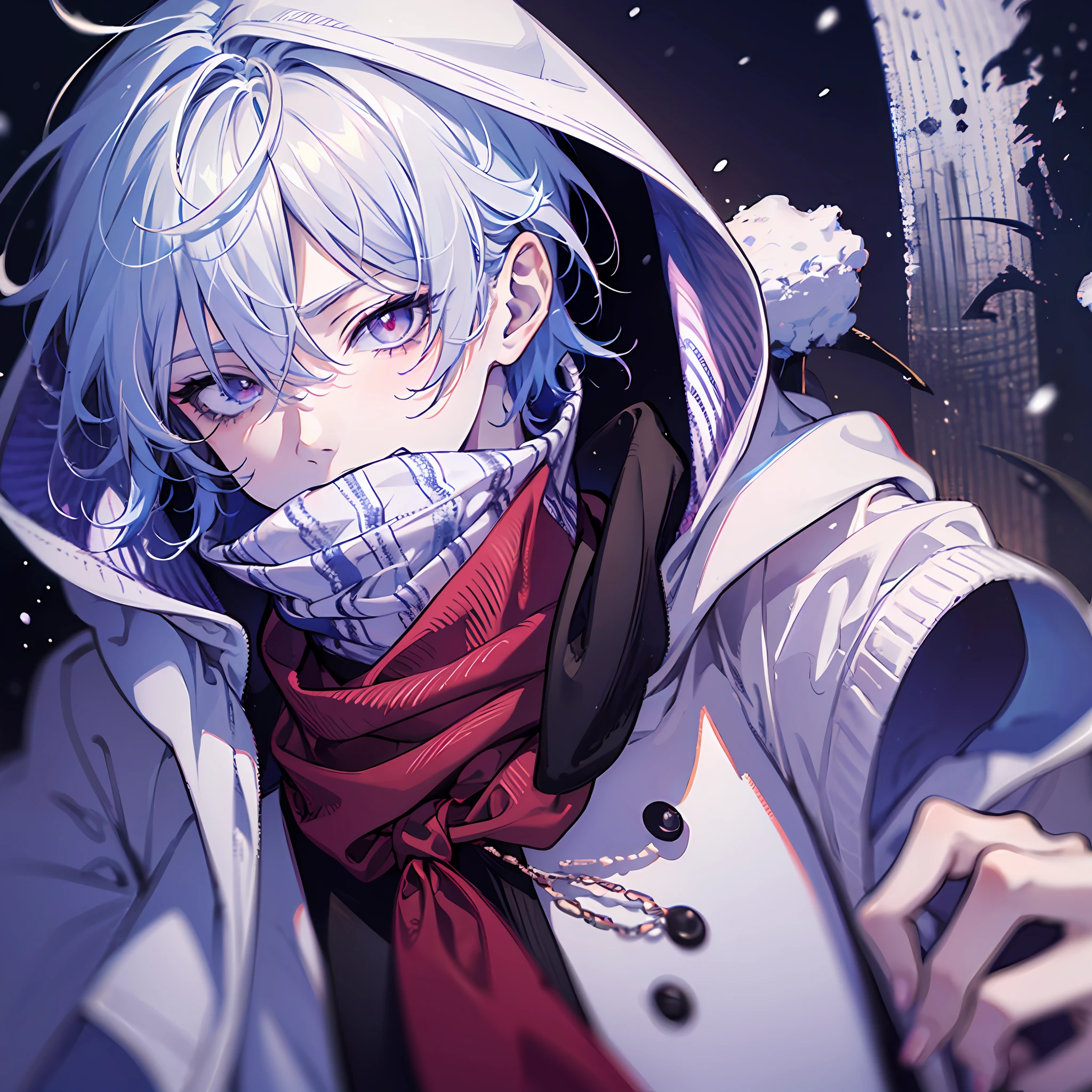 (Masterpiece, best quality:1.2),Anime boy,1boy,white short hair,evil grin,Dust sans,hair covering right eye,looking at the viewer,facing away, wearing a blue open hoodie jacket,wearing a red scarf,red scarf covering mouth,close up shot, digital sketch, highest quality digital art,red and purple eye's,winter,snow,8k