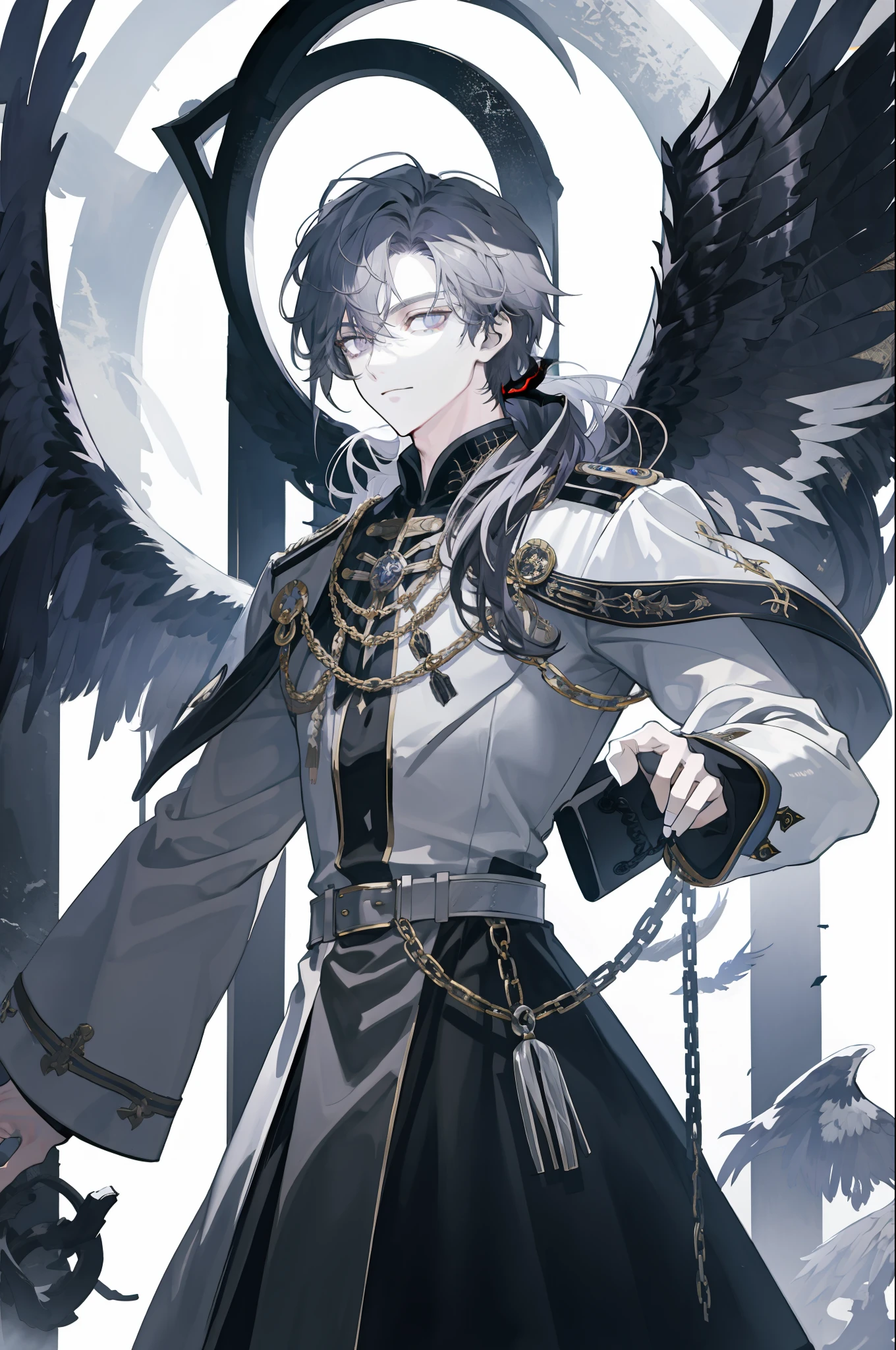 tmasterpiece,best quailty,1 male,AS-Adult,Fallen Angel,Fallen angels,(gray colors)Long hair,Purple eye,Noble temperament,Behind him is a pair of black angel wings,Dressed in Western clothing,general,Artistically,In the dark
