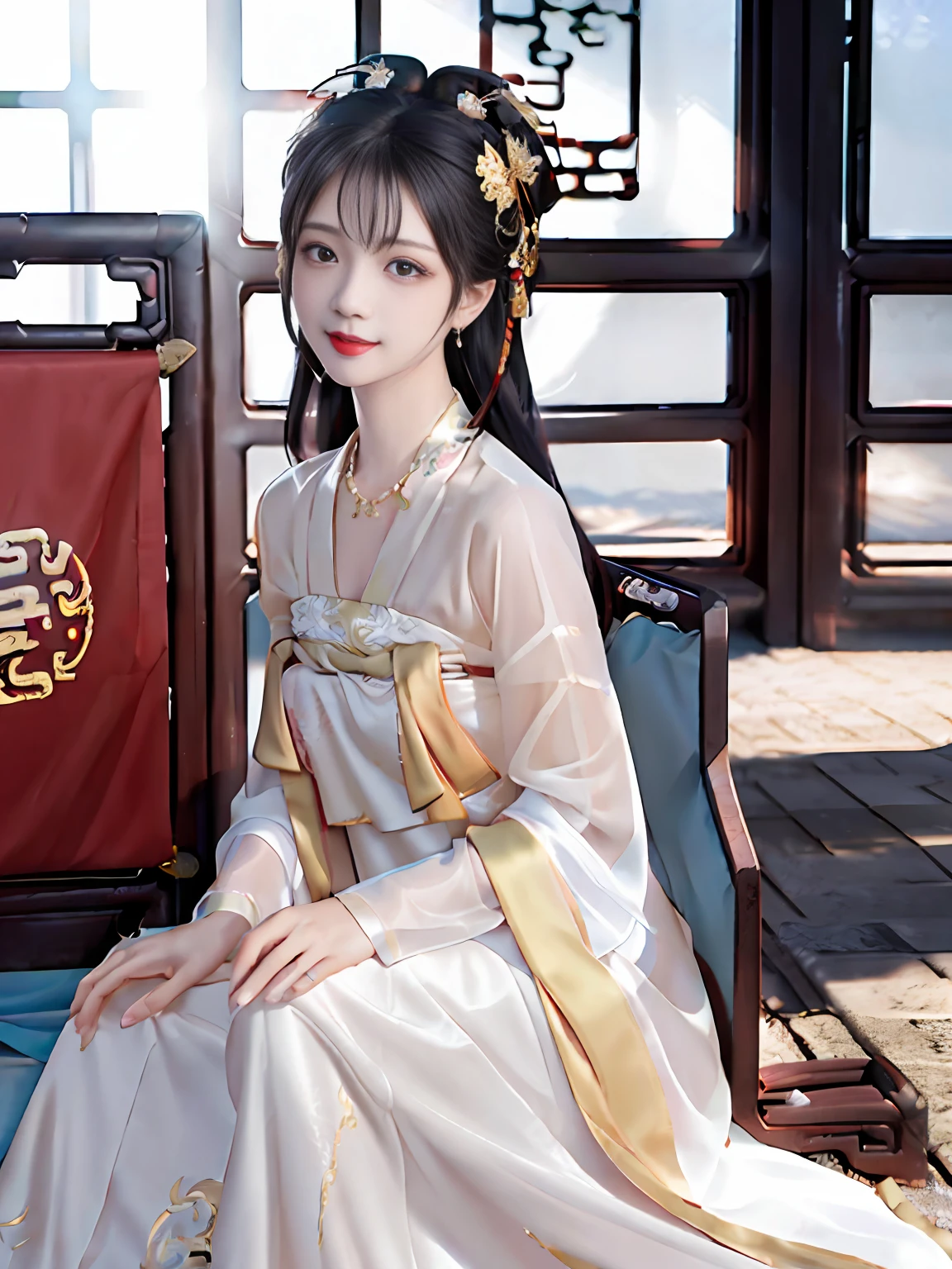 Best quality,masterpiece,high resolution,1 girl,(hanfu:1.2),(gold thread stitching:1.1),White translucent silk dragon robe,(Translucent Silk Dragon Robe:1.3),(Inside the ancient Chinese palace:1.2),(smile:1.1),lips,dress,(hair accessories:1.2),(Ancient Chinese dragon chair:1.3),necklace,(jewelry:1.1),long hair,Medium chest,earrings,delicate beautiful eyes,delicate eyelashes,beautiful face,upon_body,tyndall effect,(realistic:1.2),edge lighting,two-tone lighting,(high detail skin:1.2),8K UHD,DSLR camera,soft light,high quality,volumetric light,snapshot,(photo:1.1),high resolution,supreme,high resolution,detailed eyelashes,beautiful face,body,tyndall effect,two-tone lighting,(high detail skin:1.2),8k ultra high definition,soft light,high quality,volumetric lighting,candid shooting,(low angle shot:1.1),