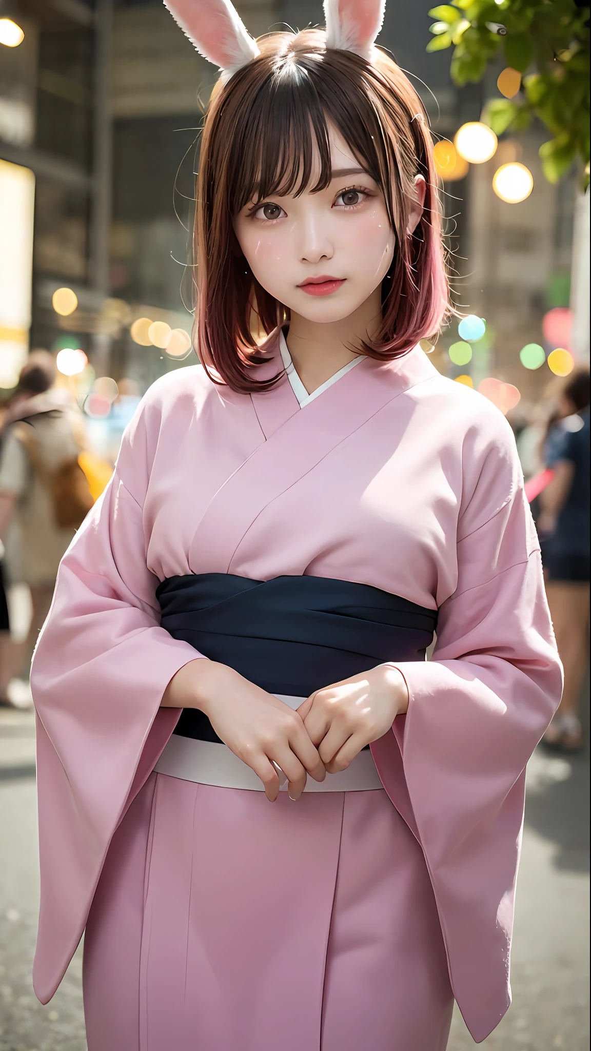 Pink hair、Pink rabbit ears、1人、独奏、Wearing a yukata、Fireworks Festival、Fireworks go up in the night sky、masterpiece、beste-Qualit、realisitic、Hyper-detailing、(Glossy skin、be sweaty:1.4)、absurderes、Looking at the camera、short pink hair、Brown-eyed、Slender beauties、dynamic lighting、large resolution、foco nítido、depth of fields、Detailed eye、Sharp eyes、Realistic eyes、(thick defined thighs:1.0)、exteriors、natural
