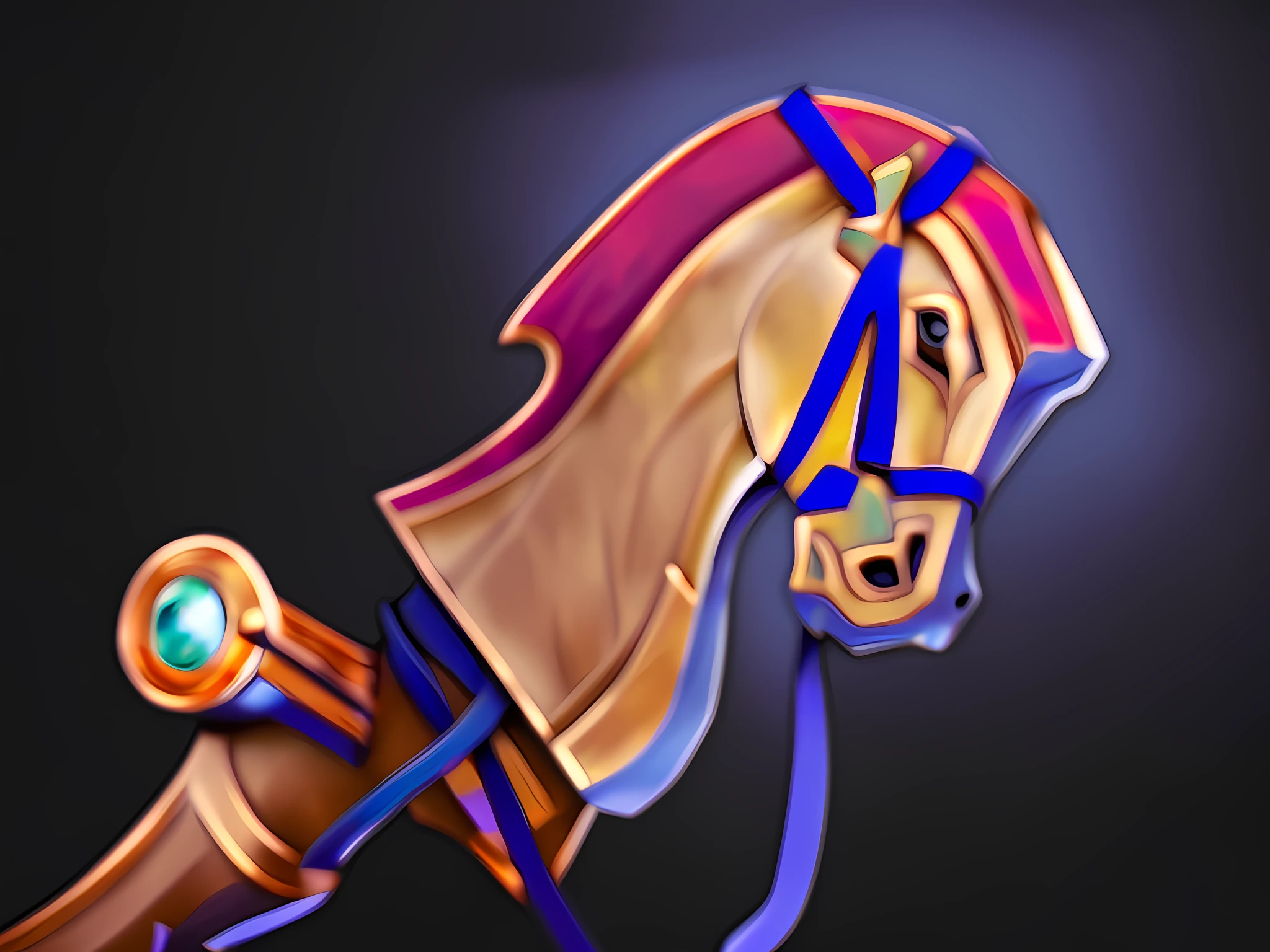 There is a horse,A blue rein and a red rein, horse warrior, game icon stylized, sleipnir, Stylized art, epic legends game icon, golden and copper shining armor, Horse-headed animal merger, digital horse, tack sharp focus, centaur horse, cavalos, very stylized, ride horse, stylized painterly