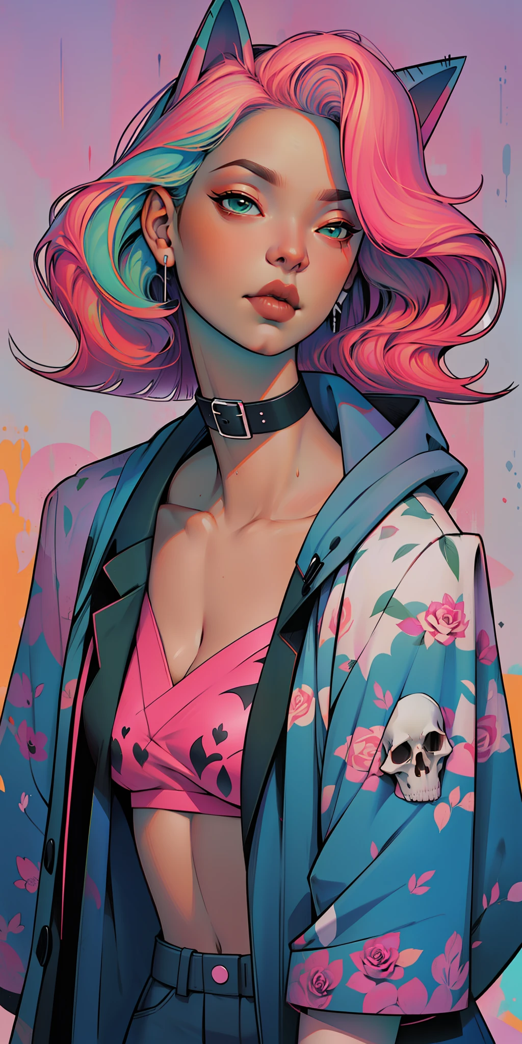 Background, In chic boho style, in a cafe, Ice cream print, multi-colored neon lights, neon garlands, rose hair, mixed-language_SMS, Japanese, (beautiful and clear background:1.2),, fantastic paintings ,graffit style, highly detail eyes , underwear, lace, latex, Pink, Purple, mint, Blue, Yellow, belve, lavender hair, Skull Print, body piercings, Loving, Love, ultra detail hair, Masterpiece, Best Quality, highly quality, hight resolution, detail enhancement, ((most beautiful image in the world)), Masterpiece, Best Quality, highly quality, hight resolution, detail enhancement, ((most beautiful image ), Shiny pink degrade hair, Ultra Short Fitted Stampa, art by stjepan sejic, art by j scott campbell, Artist Guillem March, art by citemer liu, 4k, hight resolution, comic book character, comic, high quality detailed, style of ::2.0 comix illustration style,tatoon style, highly quality, hight resolution, detail enhancement, 8K, HD, Best Quality, highly quality, hight resolution, detail enhancement, 8K, HDR, sharp-focus, Ultra Detailed, perfect lighting, Curvy Body, Lush breasts, Curvy hips, skull print on clothes, rock, rock star, Cool,black leather raincoat, style of, spikes, Punk Rock, Wolf, Cat's ears, Cool bracelets, Choker, calavera, gothic, Skinny