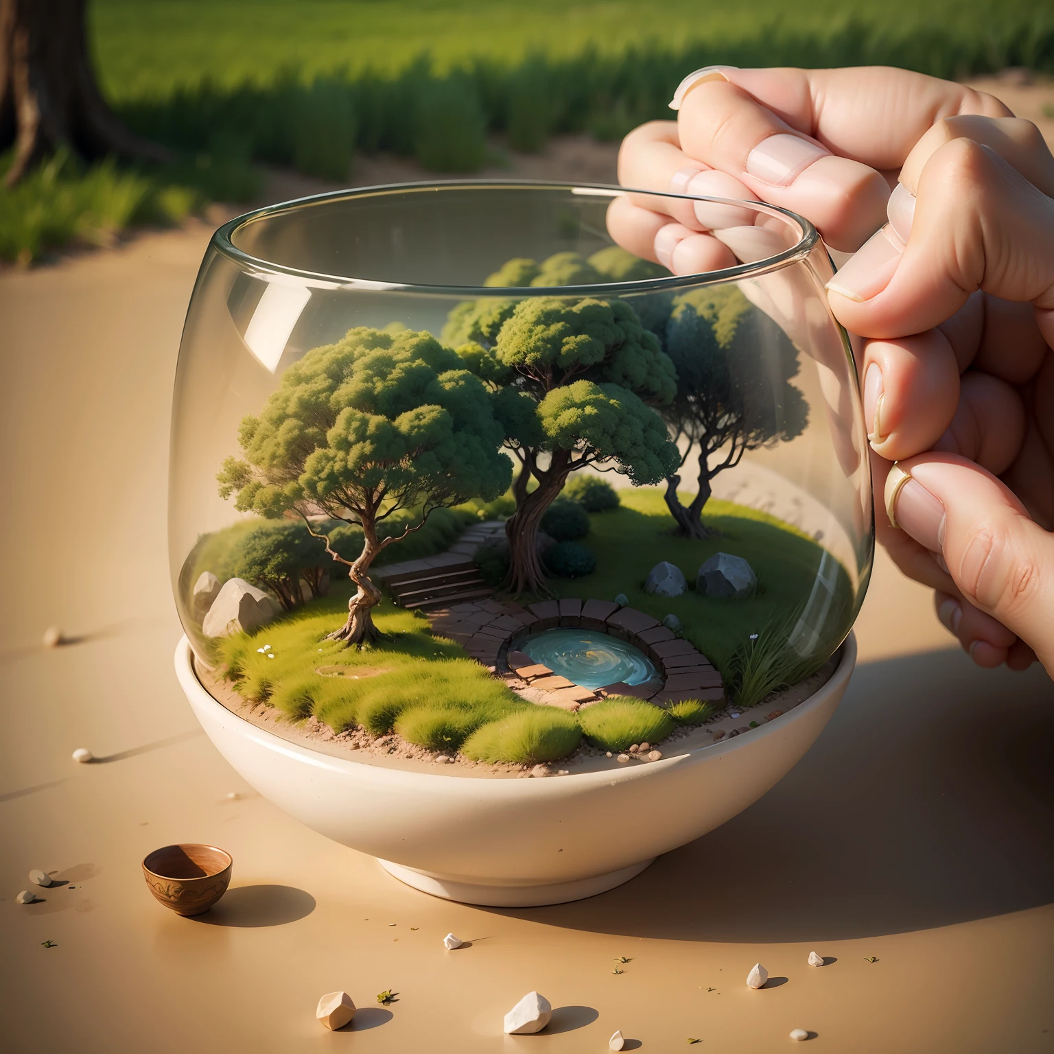 （（The world in the bowl）），（Miniatures），There are trees in the bowl，grass field，The path is in the bowl，（（Gamine）），tmasterpiece，The ultra -The high-definition，detailed detail，film effect，（（without hands））