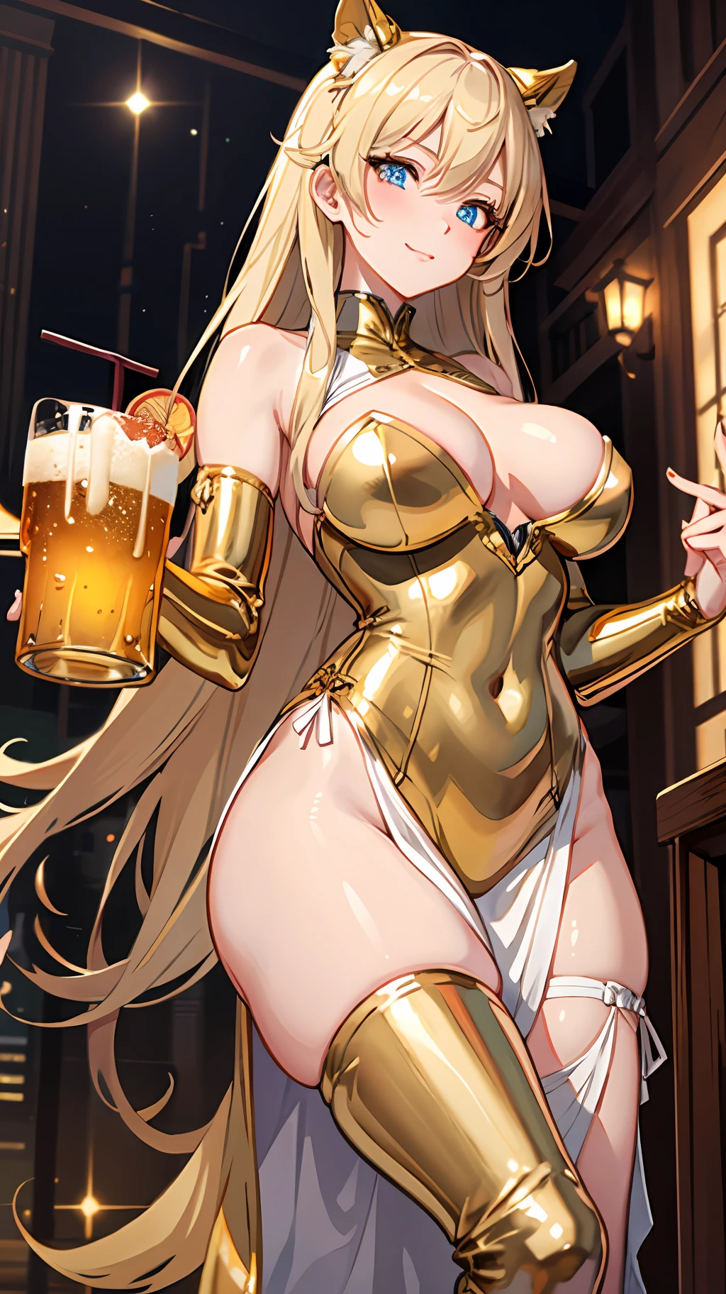 anime girl in a gold outfit holding a beer, Seductive Anime Girl, draped in shiny golden oil, anime goddess, Top Rated on pixiv, Gold Bra, beautiful alluring anime woman, golden corset, band of gold round his ???????, with a drink, feminine, Very detailed ArtGerm,