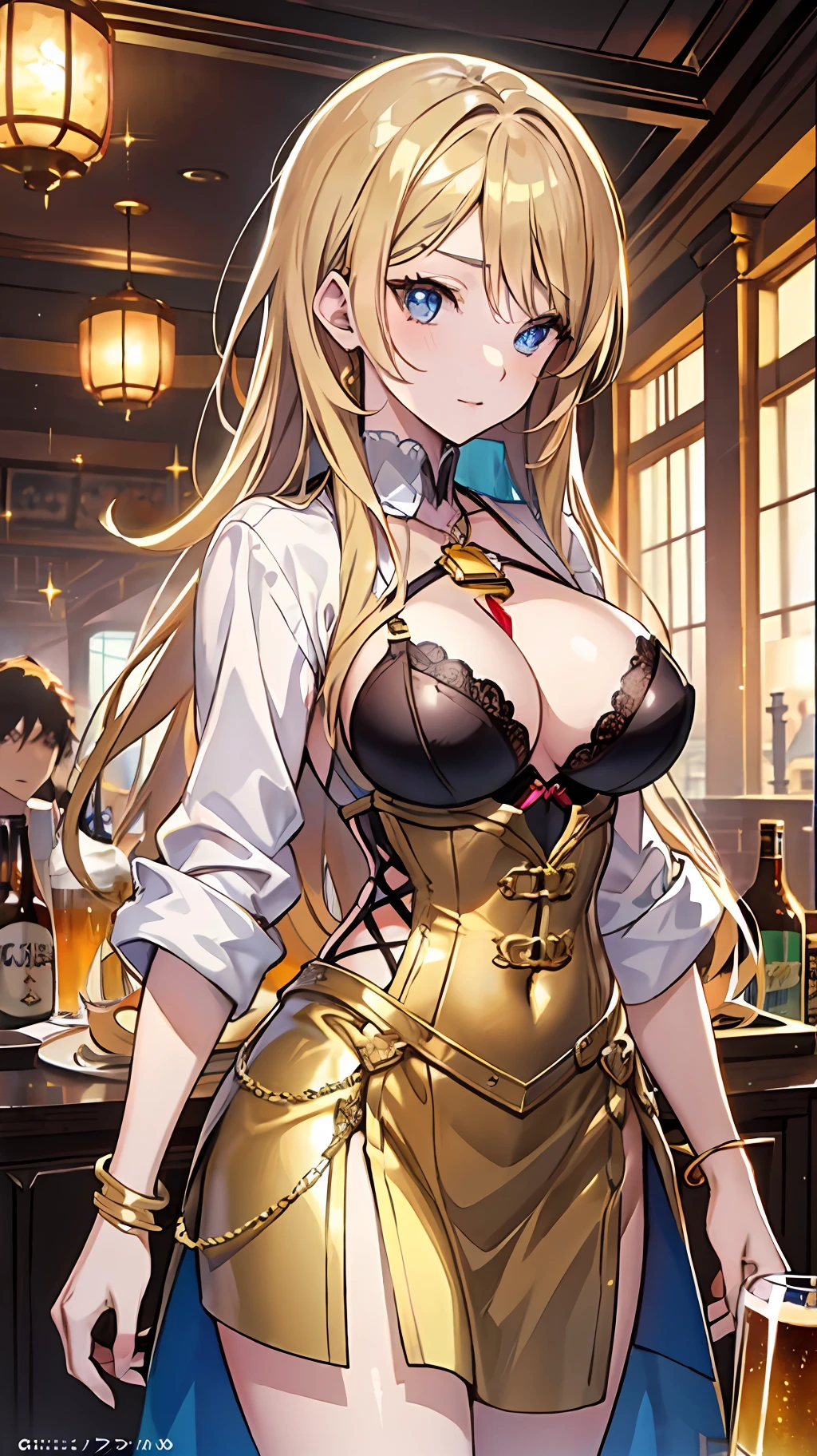 anime girl in a gold outfit holding a beer, Seductive Anime Girl, draped in shiny golden oil, anime goddess, Top Rated on pixiv, Gold Bra, beautiful alluring anime woman, golden corset, at pixiv, band of gold round his breasts, with a drink, cushart krenz key art feminine, Very detailed ArtGerm, marin kitagawa fanart