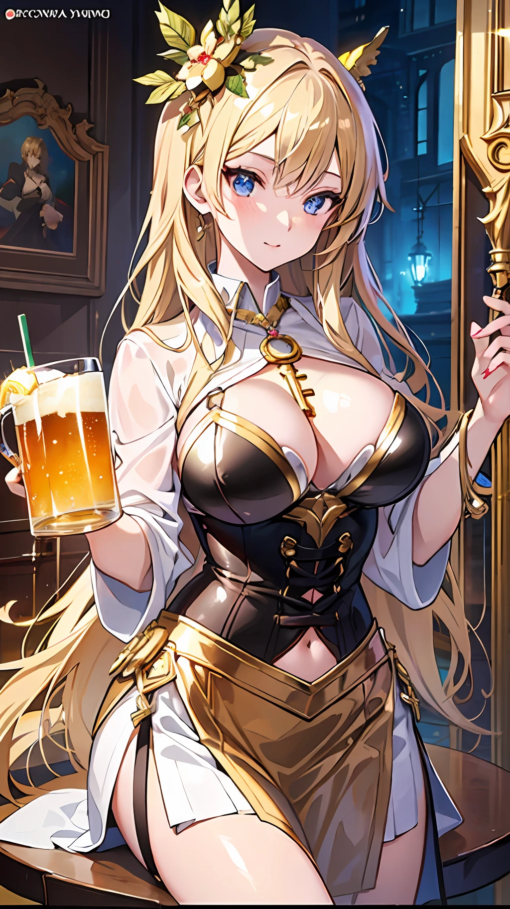 anime girl in a gold outfit holding a beer, Seductive Anime Girl, draped in shiny golden oil, anime goddess, Top Rated on pixiv, Gold Bra, beautiful alluring anime woman, golden corset, at pixiv, band of gold round his breasts, with a drink, cushart krenz key art feminine, Very detailed ArtGerm, marin kitagawa fanart
