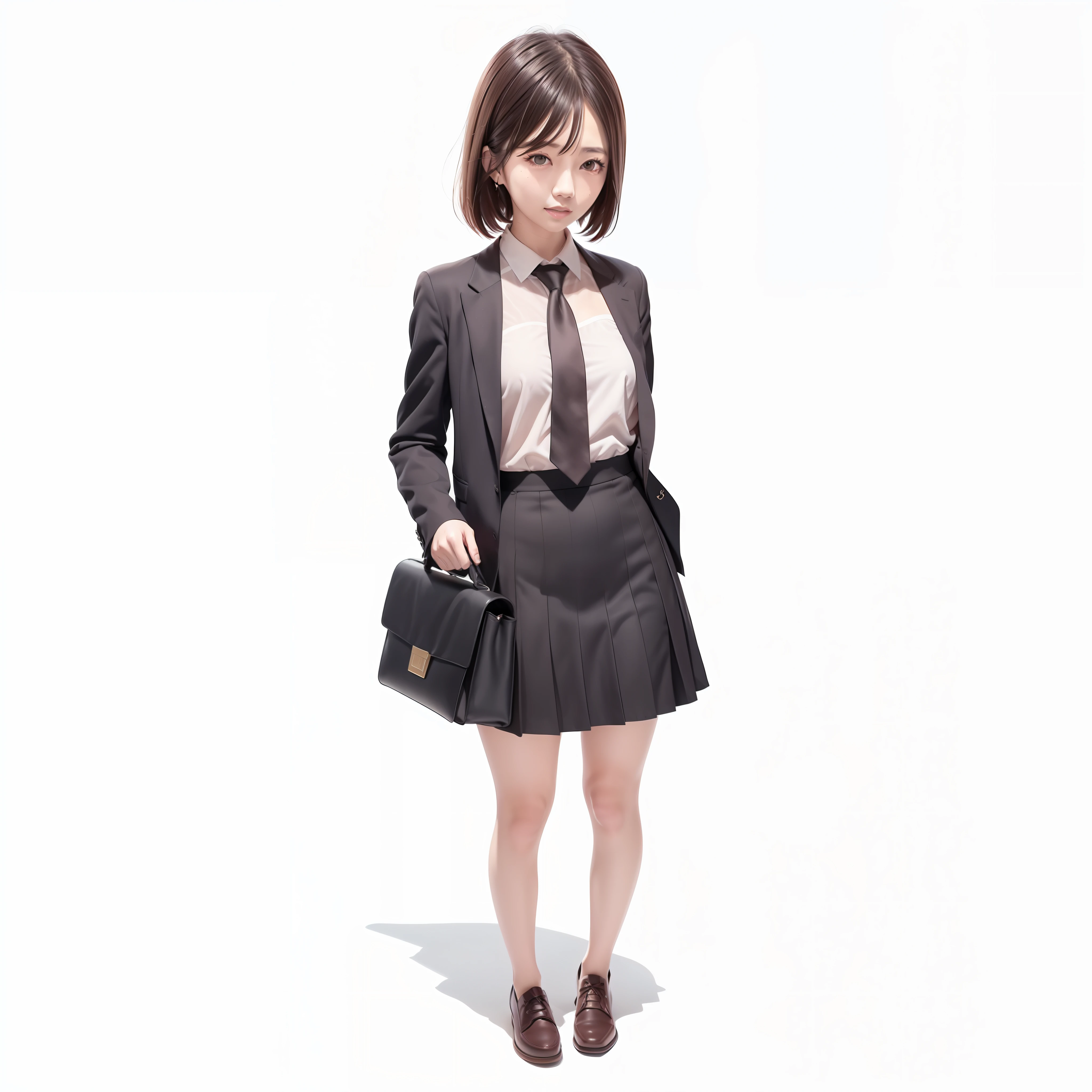 (ultra-definition), Background Transparent, Pretty and slender Korean female teacher in a suit skirt with briefcase and tie, Animation Art Style, magical school student uniform, female protagonist