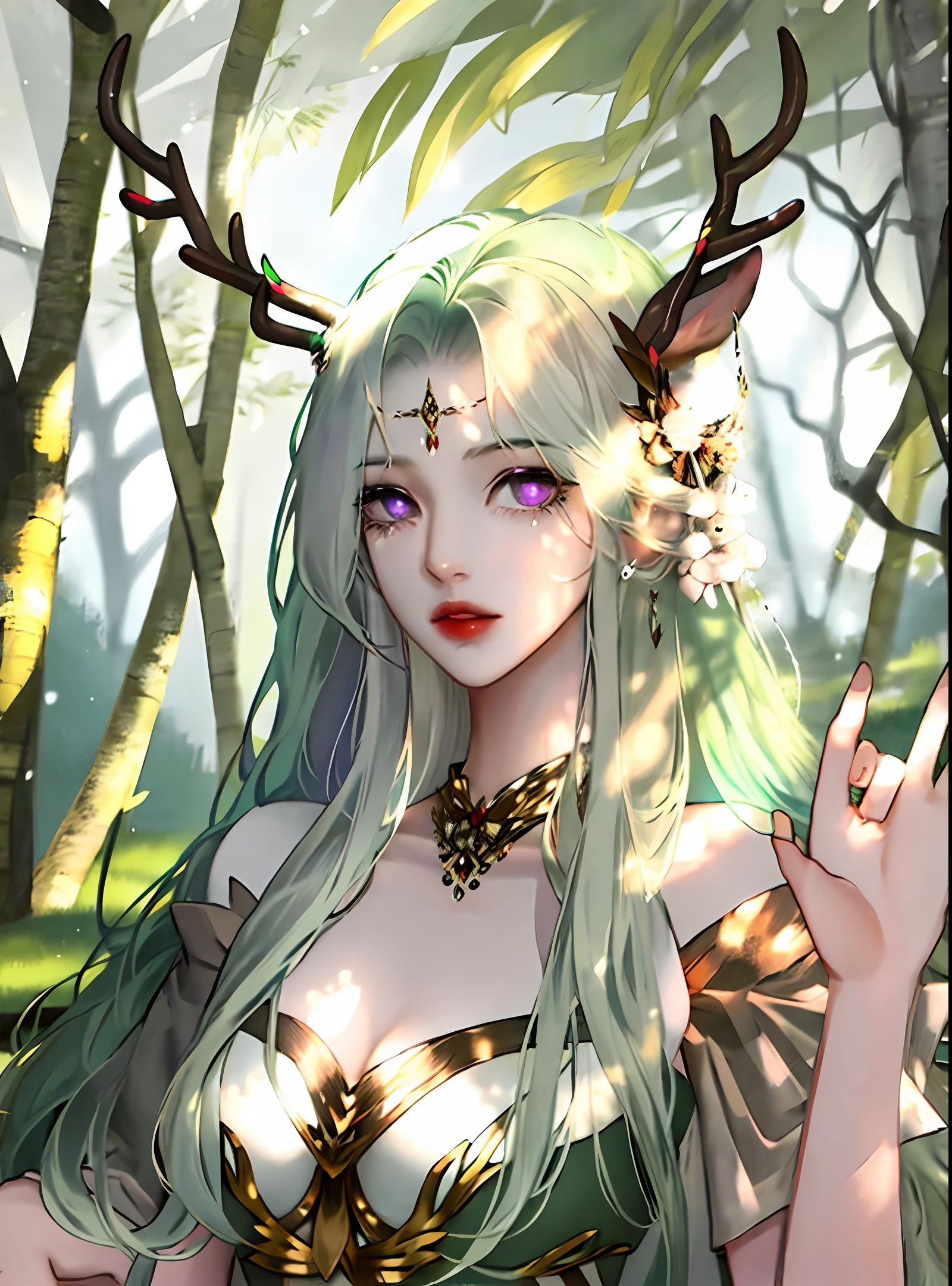 Two-dimensional,Light green hair,deer antlers,Purple pupils,Female nipple,