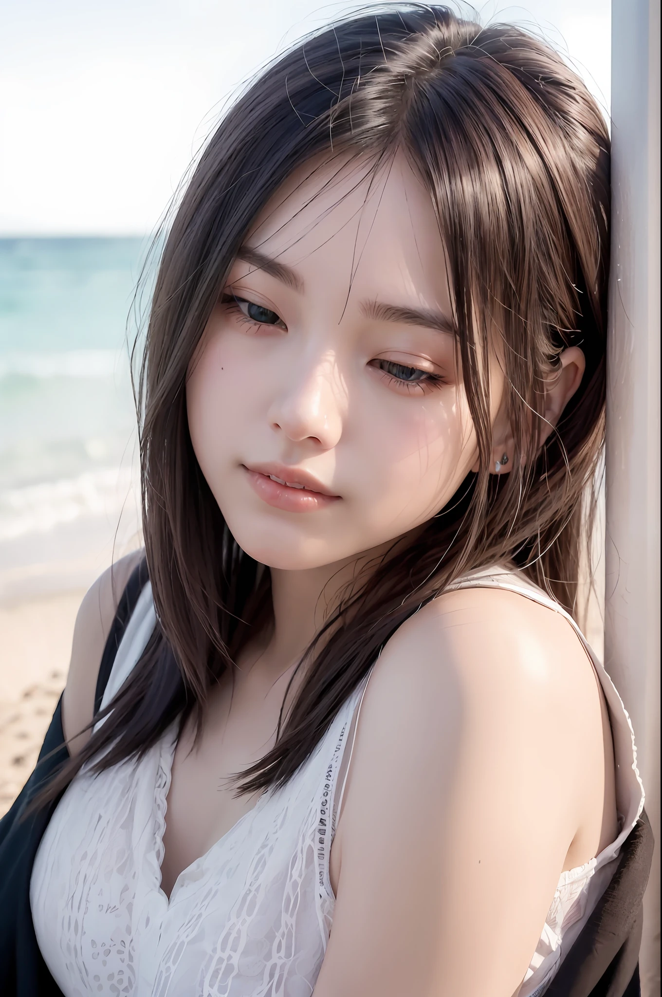 (8K, Top Quality, Masterpiece: 1.2), (Realistic, Photorealistic: 1.37), Super Detail, 1 Girl, 23 years old, Big, Beauty, Beautiful and perfect face, Natural smile, Solo, Beach, pretty legs, (Nose), (Smile: 1.15), (Mouth closed), Beautiful eyes, (Long hair: 1.2), Floating hair Novafrog style, upper body