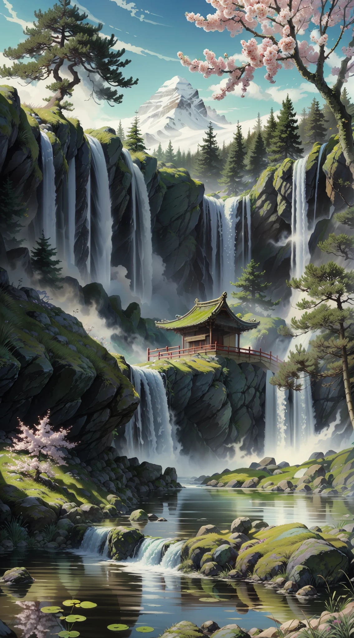 Ancient Chinese architecture, winter, plum blossoms, bamboo, lake, stone bridge, rockery, arch, corner, tree, tap water, landscape, waterfall, meadow, rock, water lily, hot springs, water vapor, (illustration: 1.0), epic composition, realistic lighting, high-definition detail, masterpiece, best quality, (very detailed CG unified 8k wallpaper)