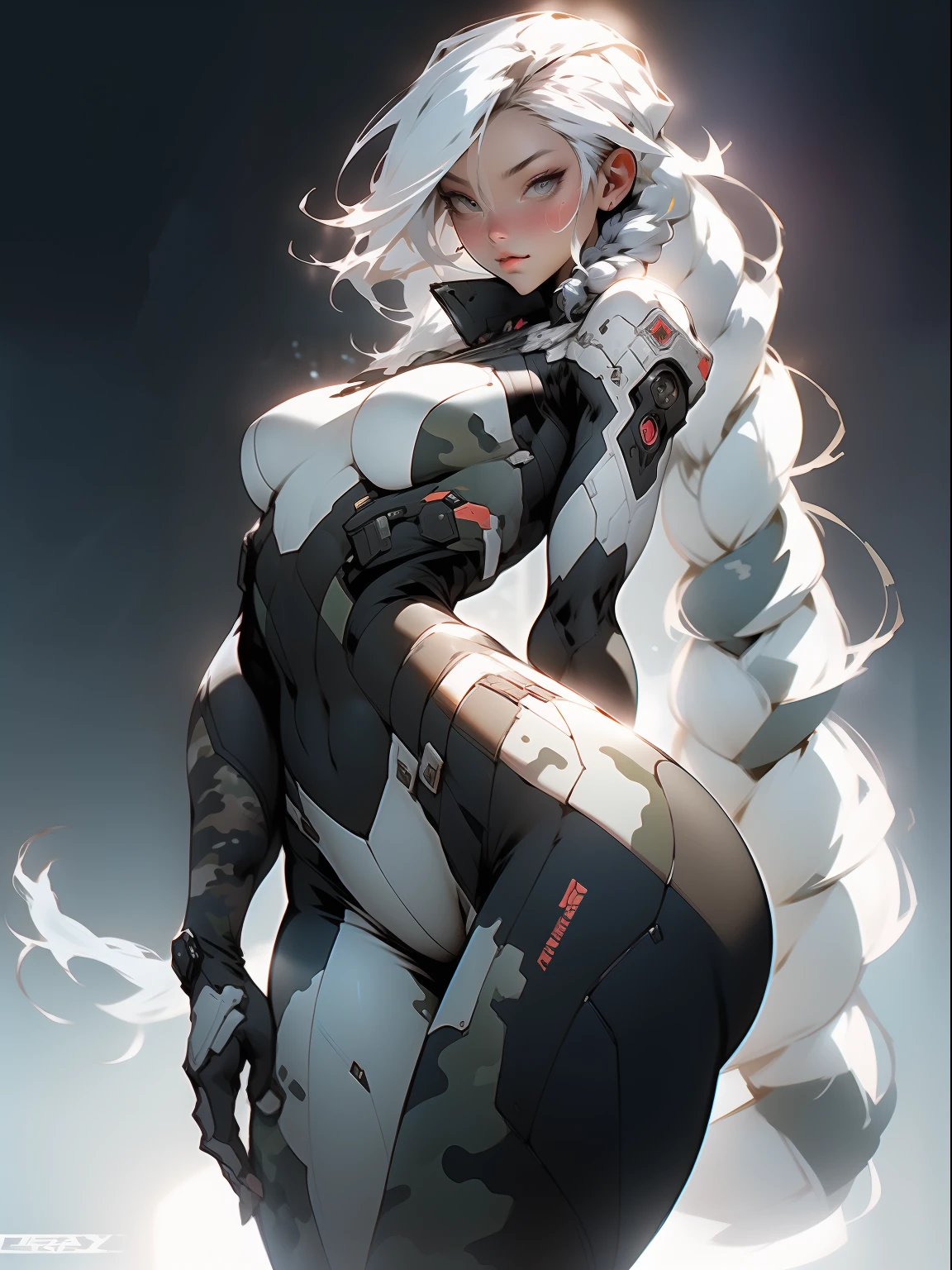 ((Best quality)), ((masterpiece)), (detailed: 1.4), (Absurd), War-ready female fighter pilot with military helmet, Marine, dark skin, defined muscular sculptural body, full body, bare half-thick thighs, closed mouth, muscular body covered in technological clothing, cyberpunk, semi naked, generous neckline, ((perfect medium breasts)), (super light blue eyes without pupils), (((military camouflage clothing)), (((white hair with braid)))), long eyelashes heavy makeup, garter belt, by mucha, niji --V5, close to real, psychopathic, crazy face, sexy pose, background with a giant head of Neon style robot Genesis evangelion, 2 piece clothing, shoulder pads with airplane wings, pastel, centered, scale to fit the dimensions, HDR (High Dynamic Range),Ray Tracing, NVIDIA RTX,Super-Resolution,Unreal 5,Subsurface Dispersion, PBR Texture, Post-processing, Anisotropic filtering, Depth of field, Maximum clarity and sharpness, Multilayer textures, Albedo and specular maps, Surface shading, Accurate simulation of light-material interaction, Perfect proportions, Octane Render, Two-tone lighting, Wide aperture, Low ISO, White balance, Rule of thirds, 8K RAW, crysisnanosuit