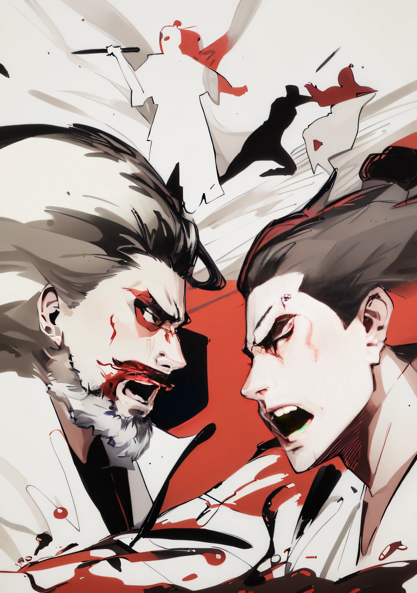 Two with bloody faces、Anime poster of bloody man in background, ninja scroll anime style, Fan art, inspired by Tōshūsai Sharaku, inspired by Kameda Bōsai, inspired by Kanō Sanraku, offcial art, inspired by Shunkōsai Hokushū, Inspired by Kanō Sansetsu