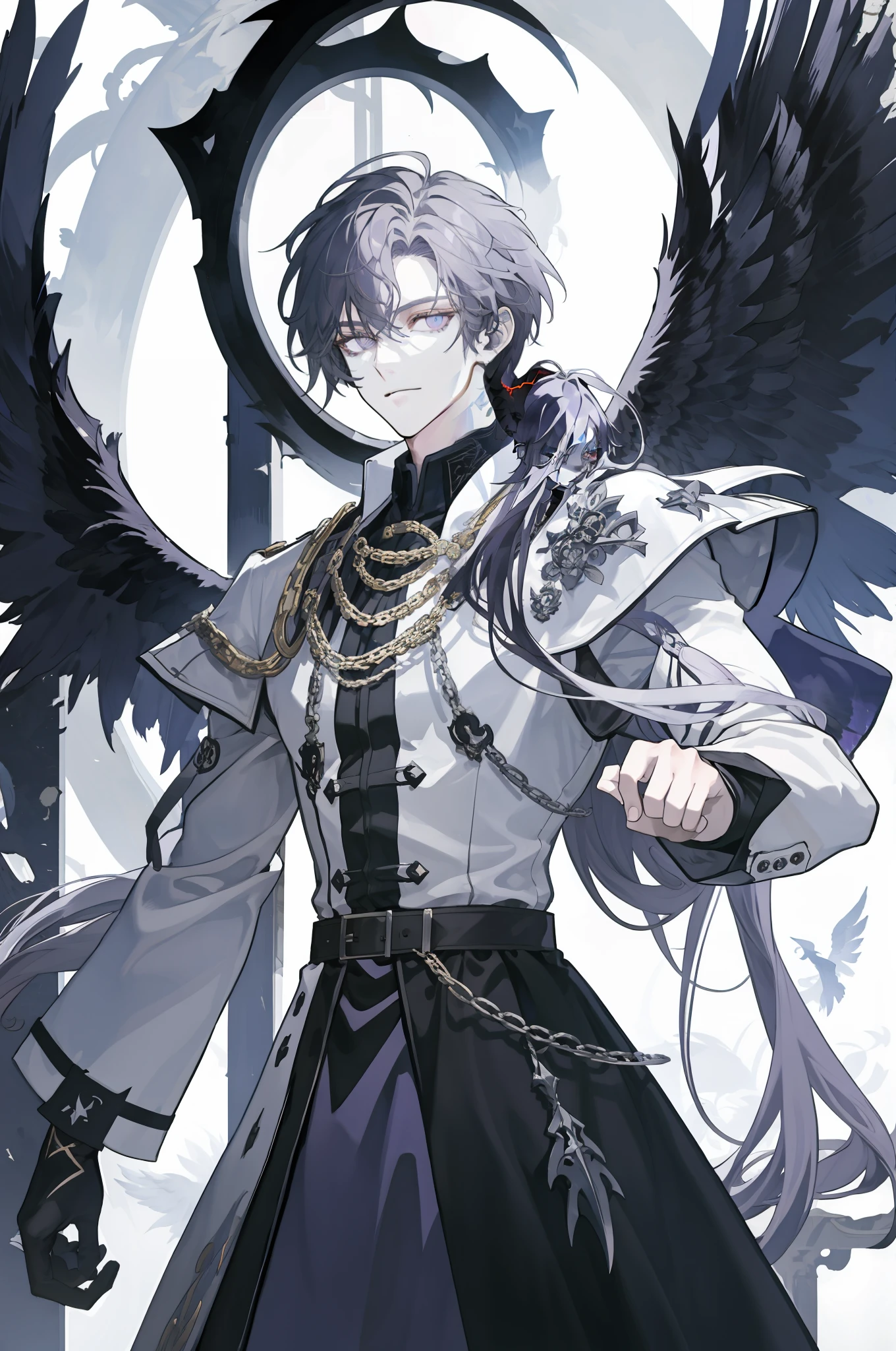 tmasterpiece,best quailty,1 male,AS-Adult,the fallen angel,Fallen angels,(gray colors)Long hair,Purple eye,Noble temperament,Behind him is a pair of black angel wings,Dressed in Western clothing,General,Artistically,In the dark,Handsome facial features,