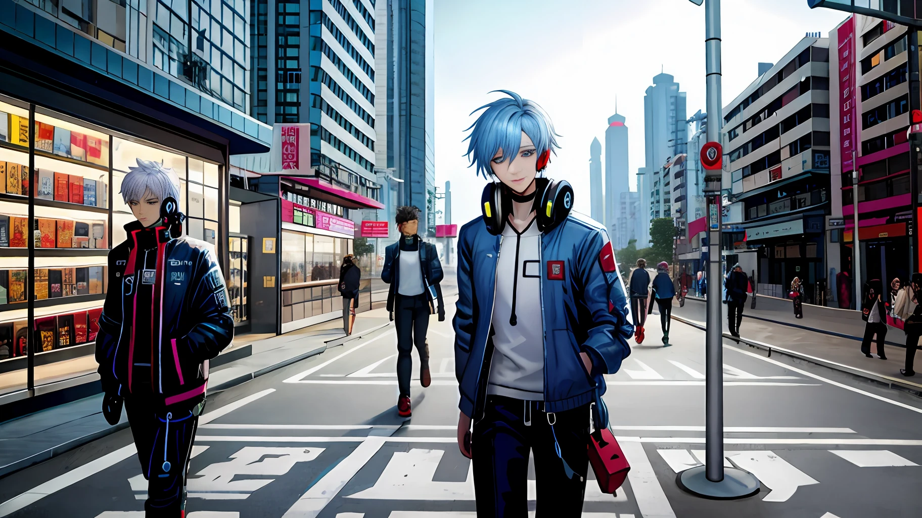 cyber-punk，silber hair，Blue eyes，male people，Jacket，Earphone，shoun，musculature，ssmile，Pocket，walk，High-quality diagrams，street of hong kong，Signage，Day wind，detailedlight，Film feel