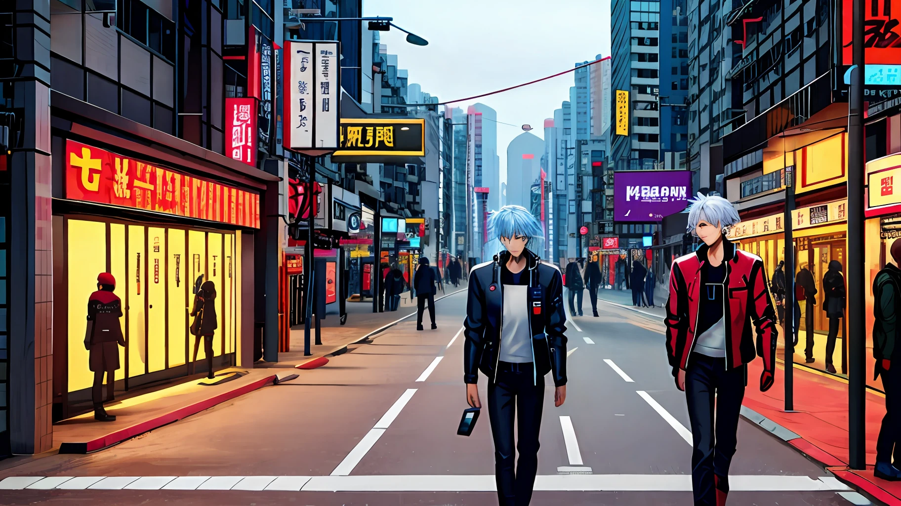 cyber-punk，silber hair，Blue eyes，male people，Jacket，Earphone，shoun，musculature，ssmile，Pocket，walk，High-quality diagrams，street of hong kong，Signage，Day wind，detailedlight，Film feel