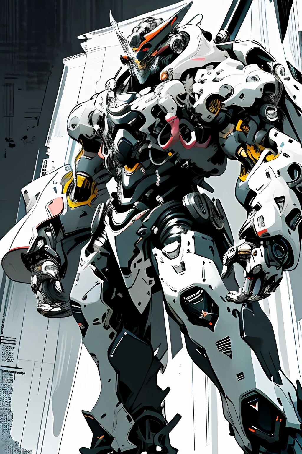 ((black and white line art)) (comic style) 1man, oni mask, dynamic pose, cybernetic samurai armor, mechanical weapons, science fiction, shiny mecha, traditional Japanese style, katana, negative space, dynamic lighting, clear lines, high contrast, absurdists, best quality, negative space, by Yoji Shinkawa