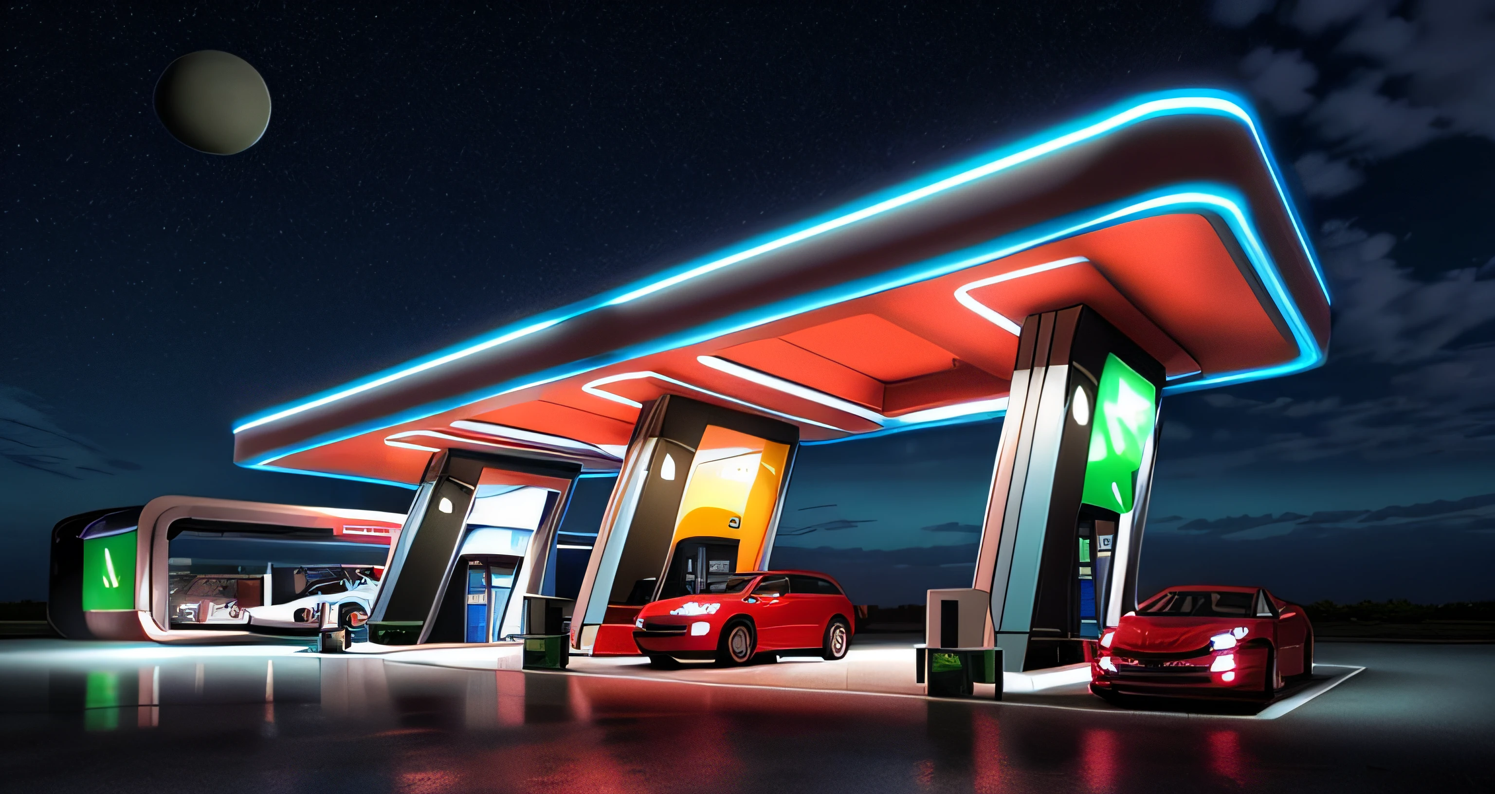 there are two cars parked at a gas station at night, gas station in space, gas station, conceito, “gas station photography, conceito, author:Tadeusz Pruszkówski, transportation design render, author:Thomas Hefner, author:Chass is silent, author:Ludvik Konazevsky, CG rendering, crisp smooth lines