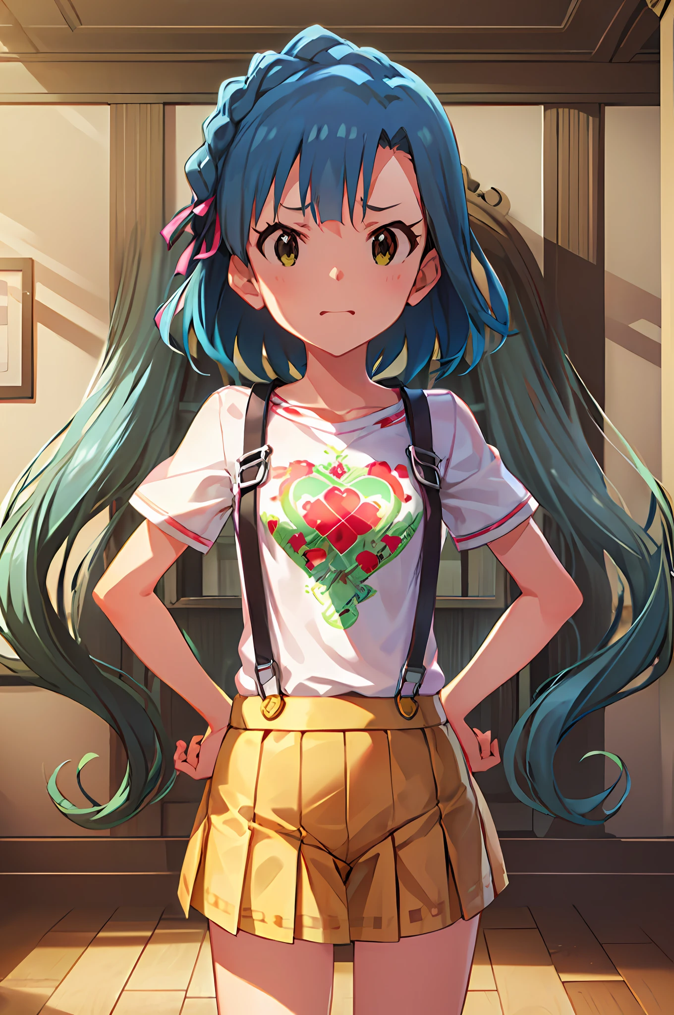 yuriko nanao (million live). Short stature. white t-shirts. suspenders.Skirt.(((masutepiece))).(((Best quality))).)((Ultra-detailed))).(((Illustration))). (((Put your hands on your hips))).(((a room))).make a fist.up chest.Despair face.short-hair.