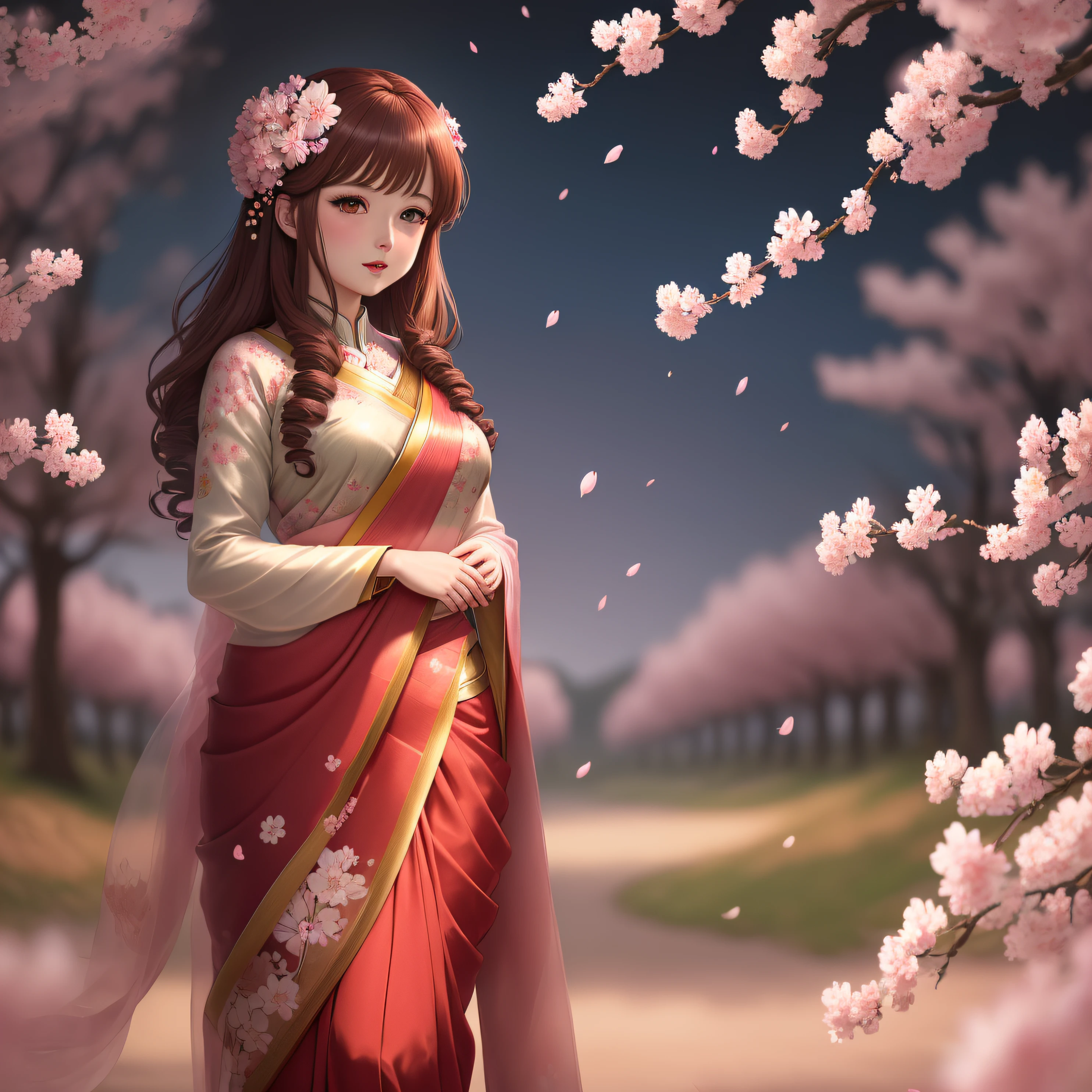 (masterpiece),(best quality:1.0), (ultra highres:1.0), detailed illustration, 8k, anime, 1girl, beautiful anime girl, in a sari, wearing a red sari, pretty pose, pretty face, detailed face, beautiful eyes, detailed eyes, red lips, red lipstick, slightly brown hair, highlights in hair, standing, open sky with clouds, cherry blossom trees, cherry blossom petals, cherry blossom petals flowing in air, particles, detailed, intricate, anime style, artistic