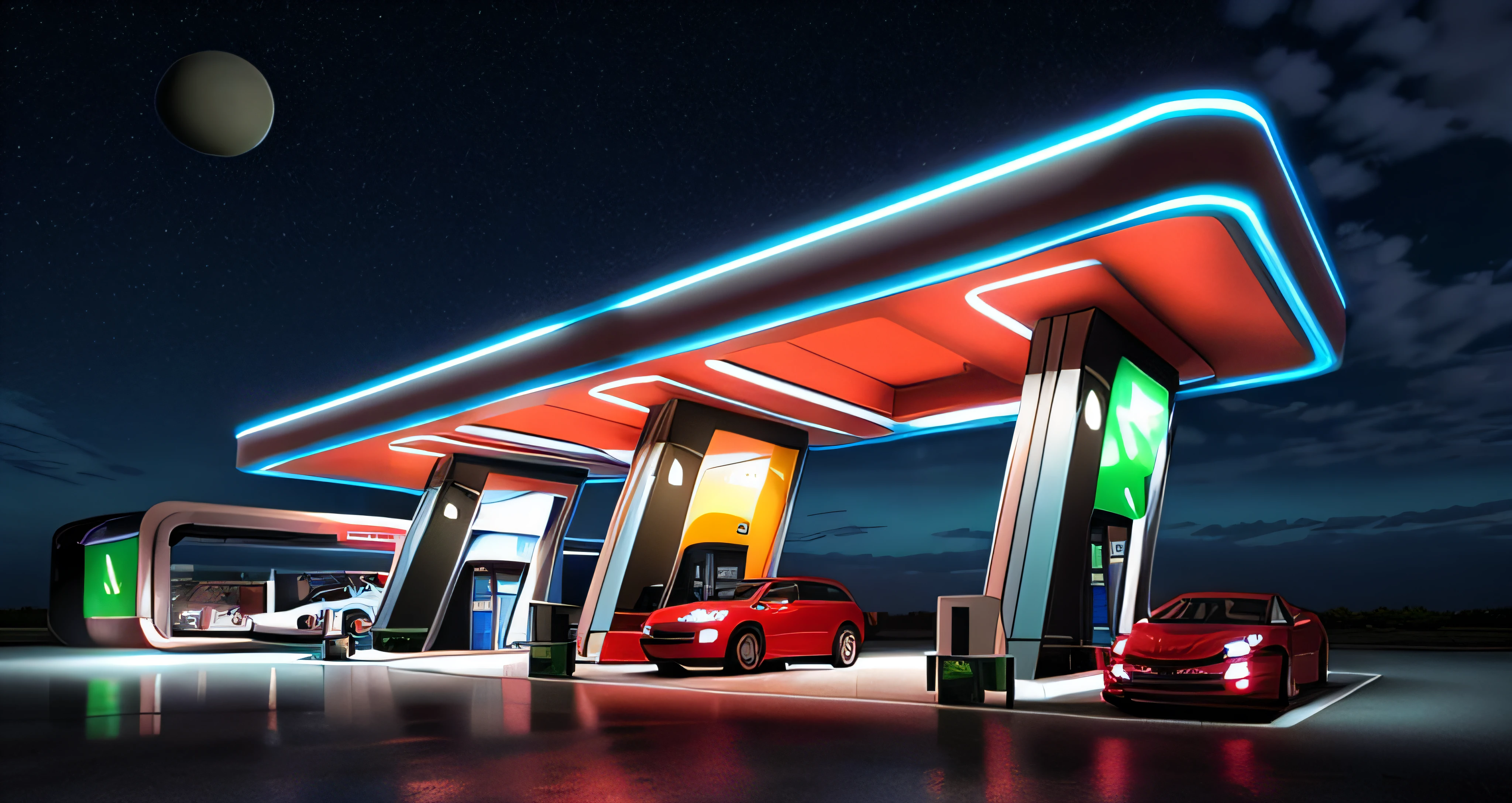 there are two cars parked at a gas station at night, gas station in space, gas station, conceito, “gas station photography, conceito, author:Tadeusz Pruszkówski, transportation design render, author:Thomas Hefner, author:Chass is silent, author:Ludvik Konazevsky, CG rendering, crisp smooth lines