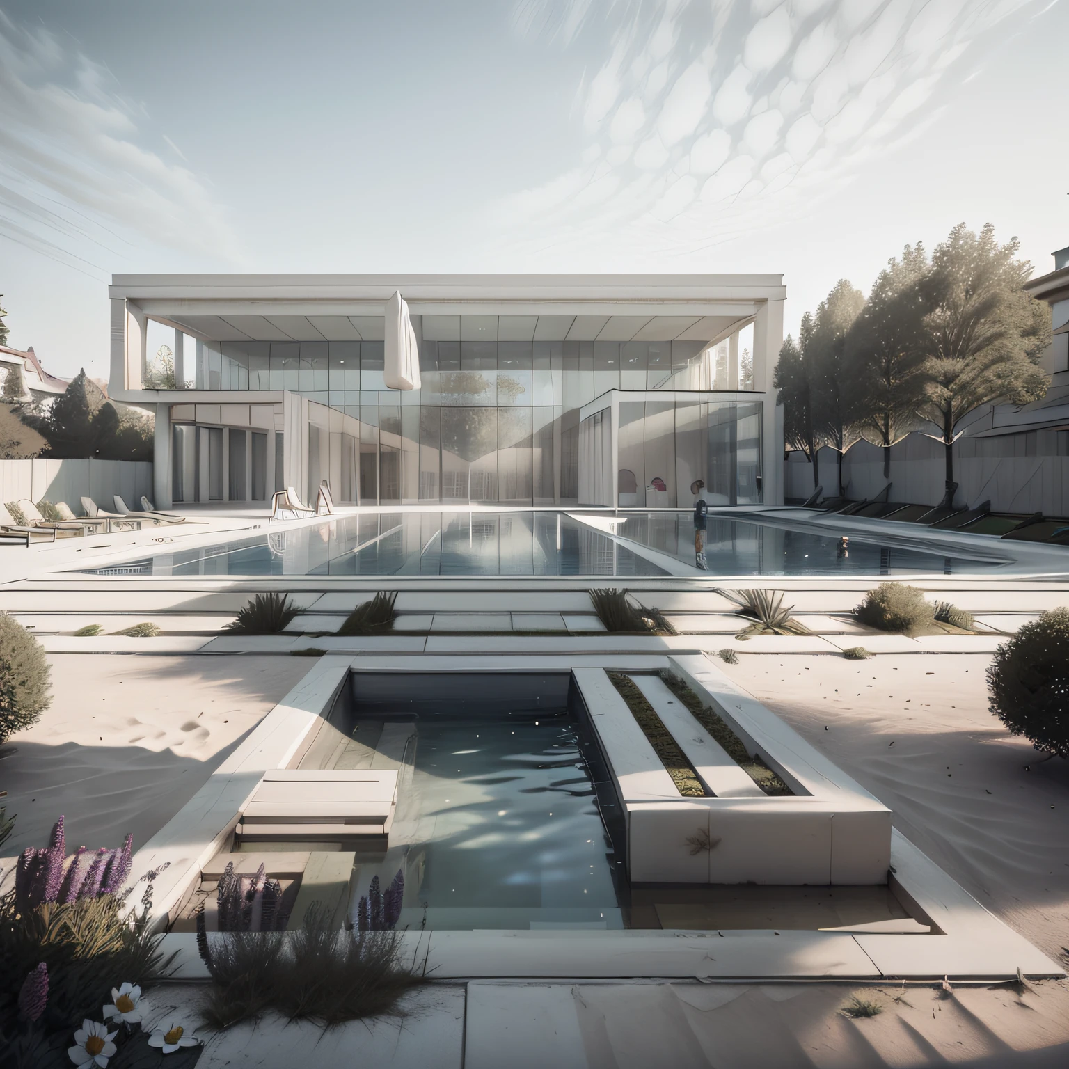Organic modern architecture on a fairly large plot, from , there is a swimming pool in the middle of a large house of a flower, color of the house in chocolate brown and black beams, large modern residence, flat roofs and garden, render luxcore, render oktane, a photorealistic rendering, architectural rendering, mantra rendering, architectural rendering, realistic rendering, architectural visualization, wellness pool, Architectural visualization, large green zones, with small zones of lavender flowers, green shrubs type lush green garden, as well as small water mirrors, swimming pool embedded in an area of sand, olive and pine trees around the house, paddle court next to the house