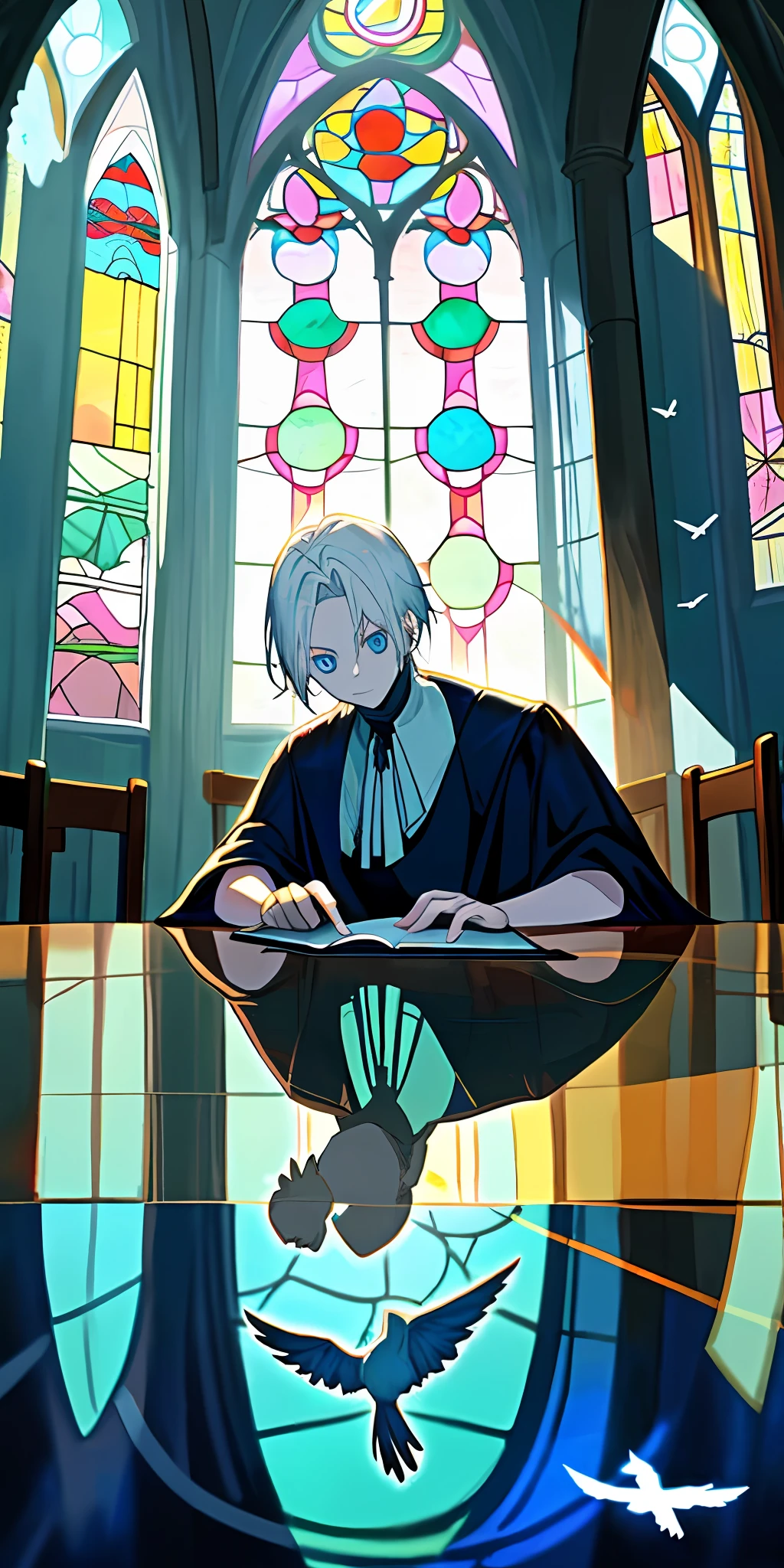 （tmasterpiece，best quailty）White-skinned boy，Dark blue church costume，White lining，In front of the glass stained window，white color hair，Blue eyes like the ocean，sun beam，White bird stopping at the table，Scriptures scattered on the ground