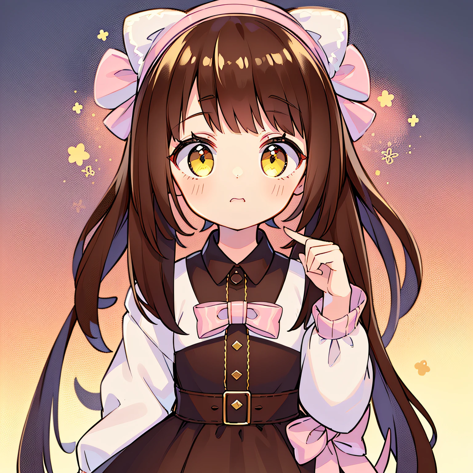A young girl,Long brown wavy hair without bangs,Blue-green heteropupil,Smile with,Black-pink collar,Black bow,Pink and white short-sleeved top,Both cuffs have black bows,ta skirt,The cloth on the outside is black,The cloth inside is white,There is a pink heart in the middle of the belt, and two white cross-shaped stars on the left and right,Black cloth is shorter than white cloth,There are two separate white bows on the black cloth,One hand up and one hand down,White medium socks,Black leather shoes