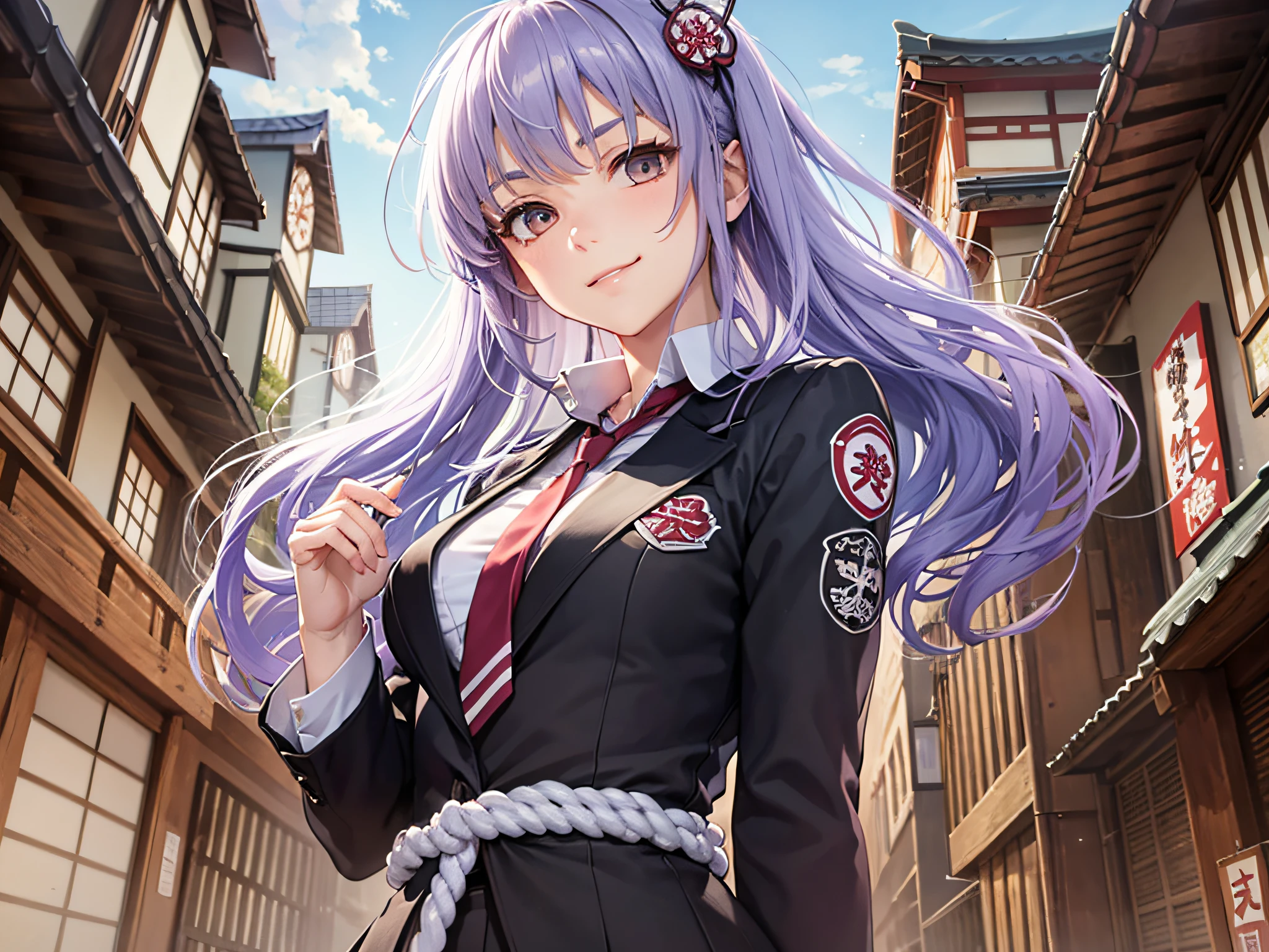 巨作, Best quality, naoe kanetsugu, Twin-tailed, hair adornments, Purple hair, Collared shirt, waist rope, Black miniskirt, red necktie, blackthighhighs, Upper body, view the viewer, fake smile, furrowed brows, Closed mouth, Japanese architecture, City