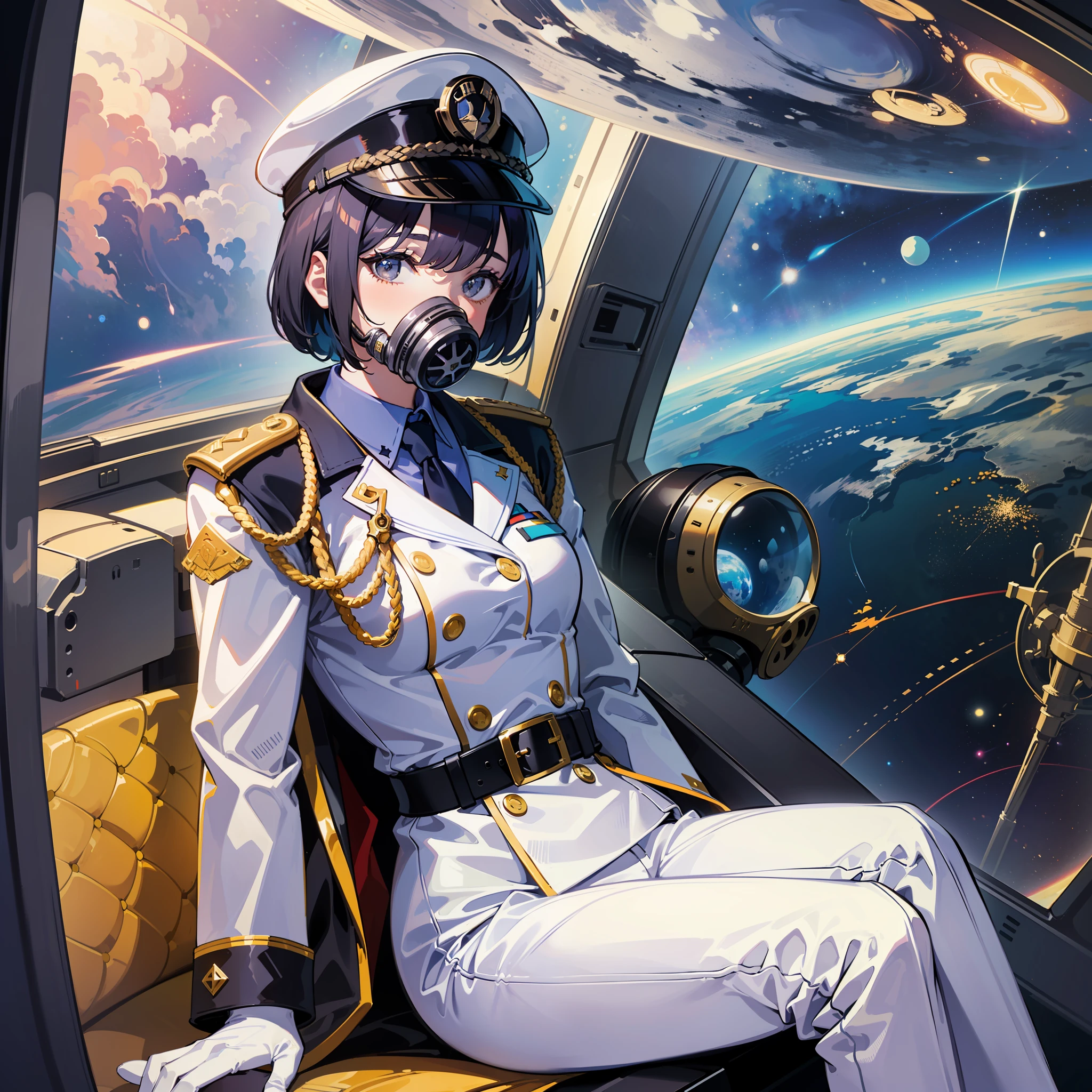 ((Masterpiece)), ((Best Quality)), ((Best Quality)), (Illustration of One Girl), Full Body, 25 Years Old, (Admiral), Black Hair Bob Cut, (((Gas Mask Covering Face)), Gray Eyes, (Tall)), ((Military Uniform)), ((Military Uniform)), (Military Hat)), ((Army Coat)), (White Clothes), (White Pants), (White Hat), Trench Coat, (((Inside the Spaceship, Sitting on the Captain's Seat)) , (outside the window, space, earth seen from space, spaceport)