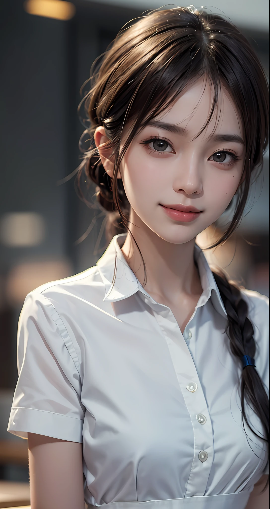 Masterpiece, 1 Beautiful Girl, Detailed, Swollen Eyes, Top Quality, Ultra High Resolution, (Reality: 1.4), Original Photo, 1Girl, Cinematic Lighting, Smiling, Japanese, Asian Beauty, Korean, Clean, Super Beautiful, Little Young Face, Beautiful Skin, Slender, Cyberpunk Background, (ultra realistic), (high resolution), (8K), (very detailed), (best illustration), (beautifully detailed eyes), (super detailed), (wallpaper), (detailed face), viewer looking, fine detail, detailed face, pureerosfaceace_v1, smiling, 46 point slanted bangs, looking straight ahead, neat (fashionable, plain, folded collar, irregular, shirt feeling, date dress), body facing front, realistic photo,