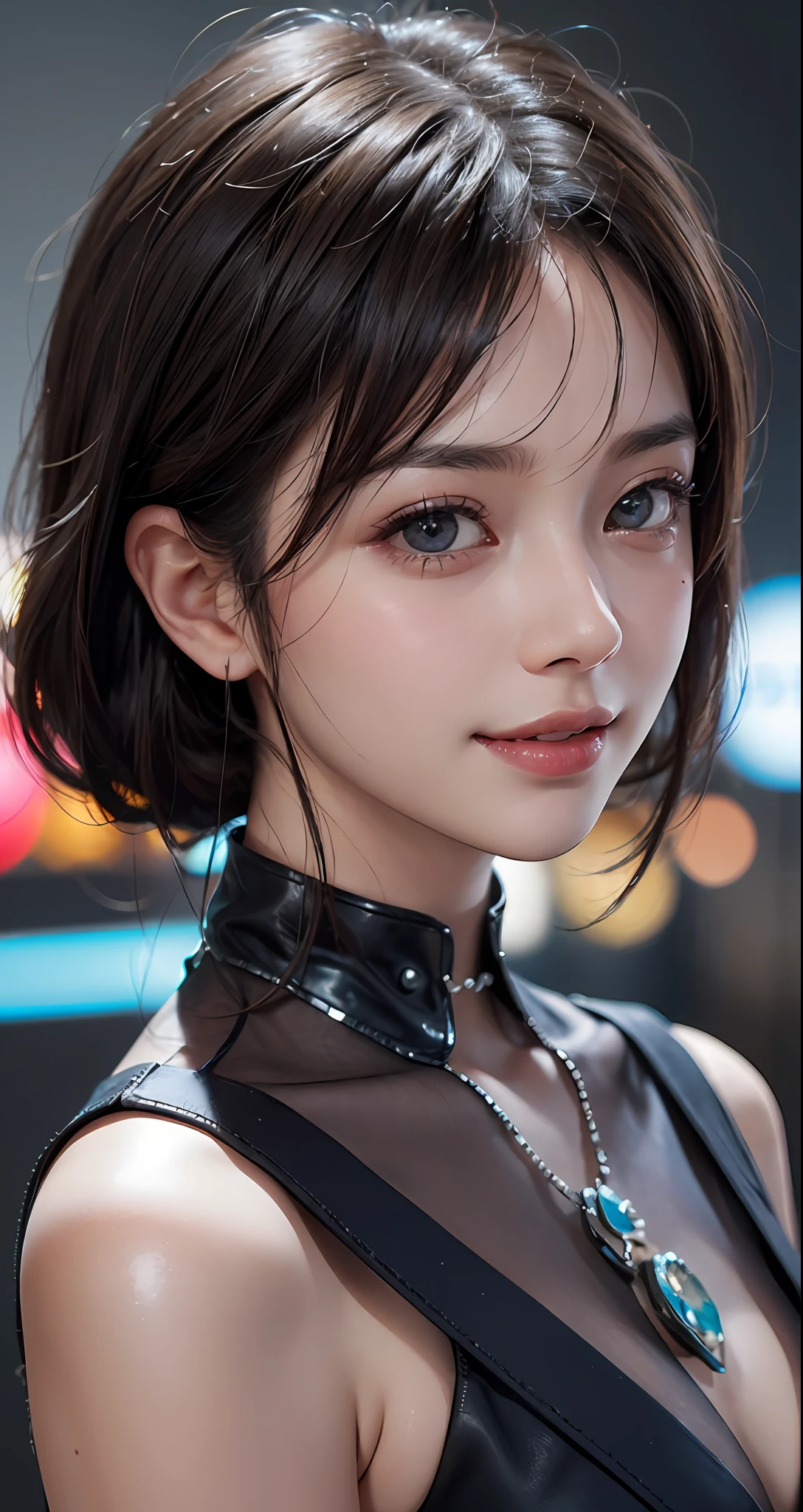 Masterpiece, 1 Beautiful Girl, Detailed, Swollen Eyes, Top Quality, Ultra High Resolution, (Reality: 1.4), Original Photo, 1Girl, Cinematic Lighting, Smiling, Japanese, Asian Beauty, Korean, Clean, Super Beautiful, Little Young Face, Beautiful Skin, Slender, Cyberpunk Background, (ultra realistic), (high resolution), (8K), (very detailed), (best illustration), (beautifully detailed eyes), (super detailed), (wallpaper), (detailed face), viewer looking, fine detail, detailed face, pureerosfaceace_v1, smiling, 46 point slanted bangs, looking straight ahead, neat (fashionable, plain, folded collar, irregular, shirt feeling, date dress), body facing front, realistic photo,