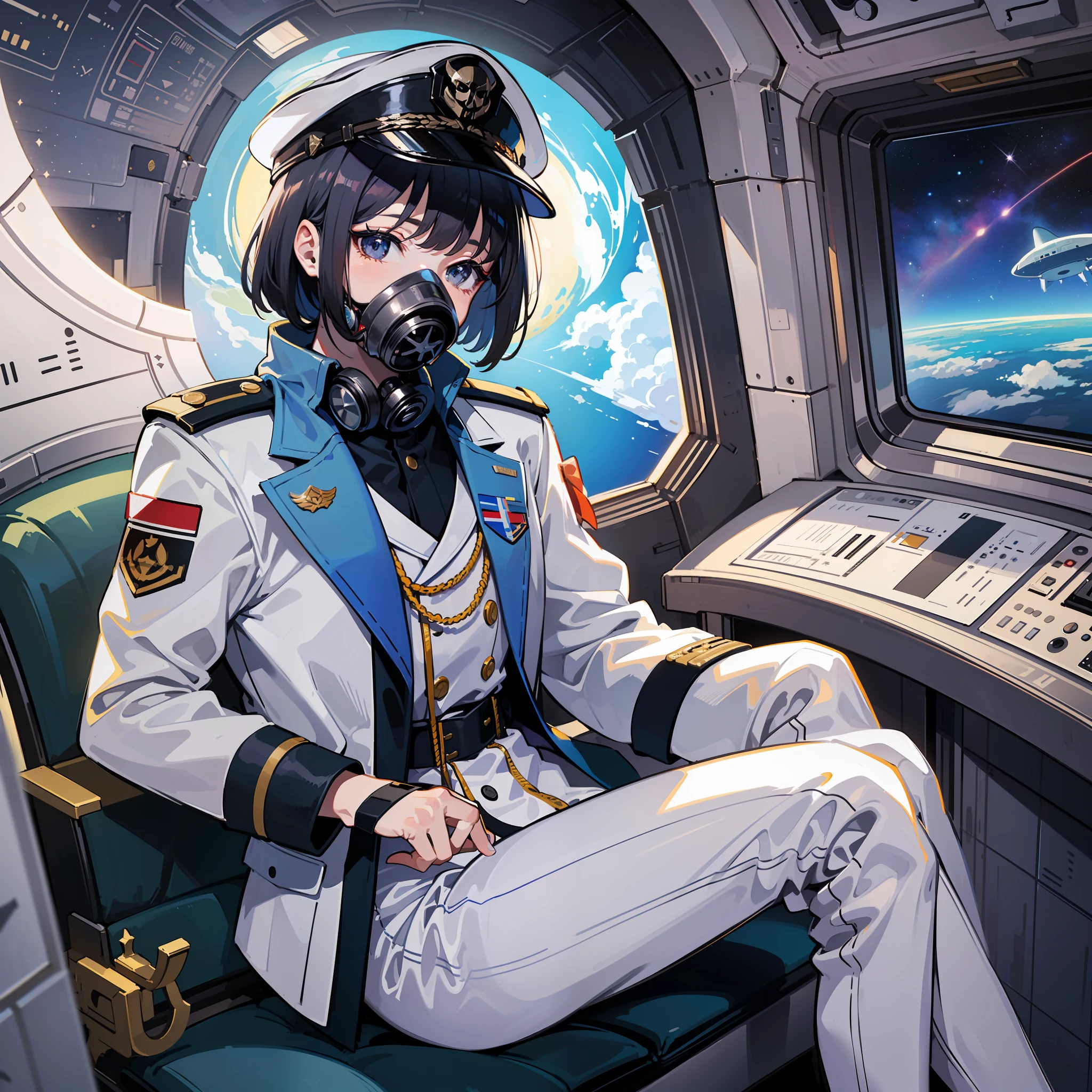 ((Masterpiece)), ((Best Quality)), ((Best Quality)), (Illustration of One Girl), Full Body, 25 Years Old, (Admiral), Black Hair Bob Cut, (((Gas Mask Covering Face)), Gray Eyes, (Tall)), ((Military Uniform)), ((Military Uniform)), (Military Hat)), ((Army Coat)), (White Clothes), (White Pants), (White Hat), Trench Coat, (((Inside the Spaceship, Sitting on the Captain's Seat)) , (outside the window, space, earth seen from space, spaceport)