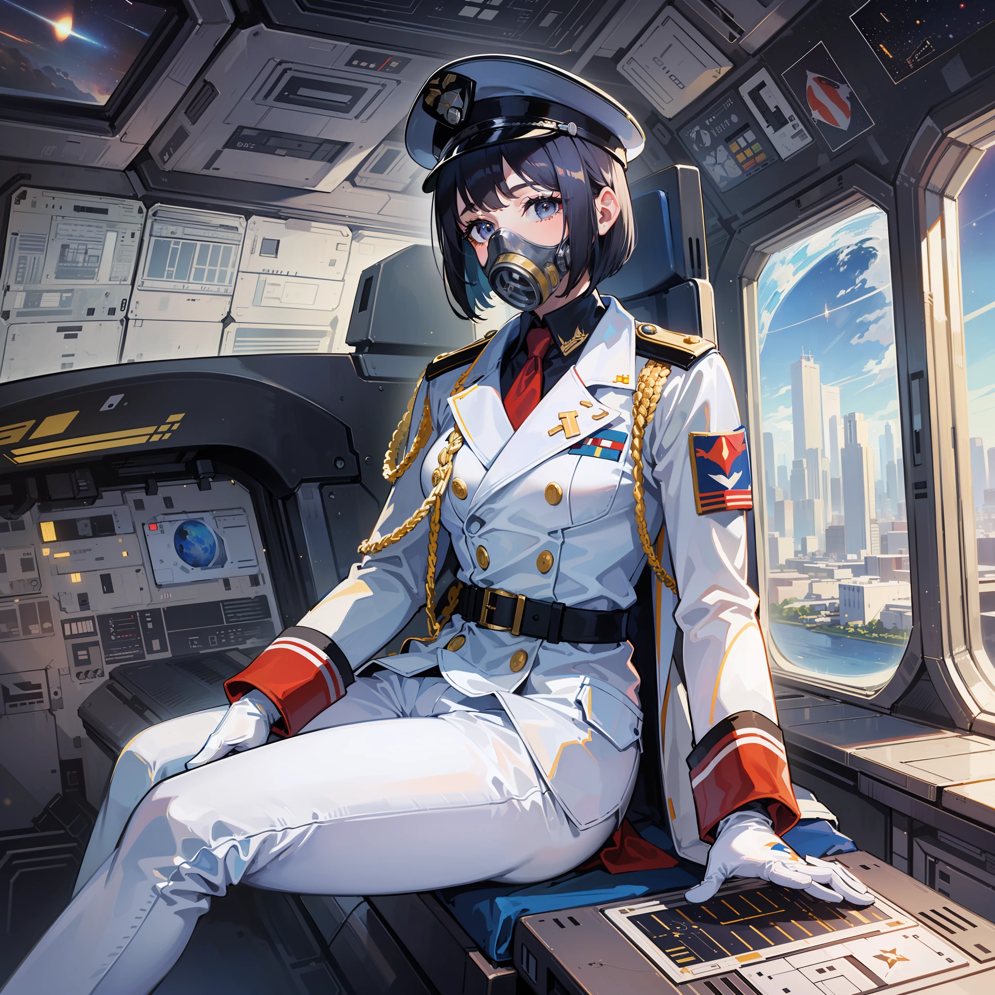 ((Masterpiece)), ((Best Quality)), ((Best Quality)), (Illustration of One Girl), Full Body, 25 Years Old, (Admiral), Black Hair Bob Cut, (((Gas Mask Covering Face)), Gray Eyes, (Tall)), ((Military Uniform)), ((Military Uniform)), (Military Hat)), ((Army Coat)), (White Clothes), (White Pants), (White Hat), Trench Coat, (((Inside the Spaceship, Sitting on the Captain's Seat)) , (outside the window, space, earth seen from space, spaceport)