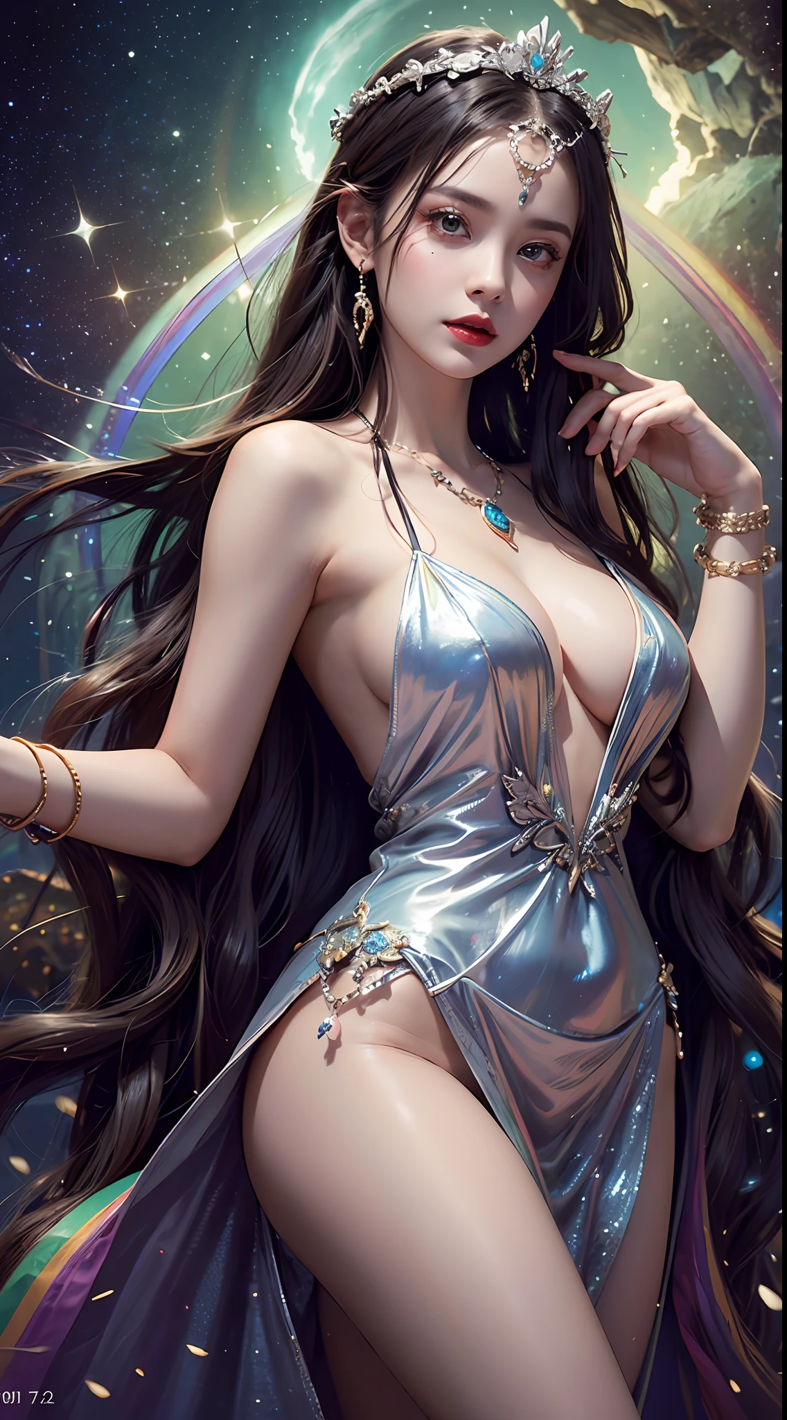 1 27-year-old girl, 1 athena goddess from the future, 12 zodiac goddess pink purple, athena goddess face sexy thin yellow nightgown, long thin nightgown 12 zodiac many limbs sexy black lace detail, mythical goddess of the athena from the future, zodiac ♏, luxurious glittering athena style, dark and mysterious version, athena crown, lipstick red lips, thin and pretty lips, don't smile, keep your mouth shut, characters created by karol bak and pino daeni, intricate detail, detailed background, extremely detailed, light magic, a woman, clear face, looking at the upper body of the goddess of the athena, round breasts, big and round breasts, phoenix hair brooch, long hair with bangs, (Long hair has 7 colors like rainbow:1.9), beautiful detailed face and well-proportioned eyes, (transparent yellow eyes: 1.8), big round eyes and very beautiful and detailed makeup, visionary, long silk nightgown, mysterious makeup, Bracelets, side bangs and dye pale yellow, upper body, (athena goddess upper body: 1.8), drooping arms, Realistic and vivid photo, (stars that make up the athena: 1.7), ( sky athena and fictitious space and time portal: 1.8), fiction art, RAW photo, hanfu photo, best photo , high_res, best quality, best photo, 8k quality, 8k ultra , surrealism, the most economical real photo, artistic portrait of athena signs, 1 symbol of athena signs behind, single portrait of athena goddess, The most realistic color scheme, best photo color, masterpiece, hair ornament, necklace, jewelry, Beautiful face, upper body, tyndall effect, photo realistic, dark studio, border light, two tone light, (detailed skin) high: 1.2), 8k uhd, dslr, soft light, high quality, volumetric light, candid, Photo, high resolution, 4k quality, 8k, Bokeh, Smooth and sharp, pixel up 10 times, Charming athena goddess, sexy athena goddess, (background space: 1.8), (galaxy: 1.7), aurora, lightning, (Aurora Background: 1.8), perfect eyes, photo of perfect eyes, beautiful goddess and flowers,