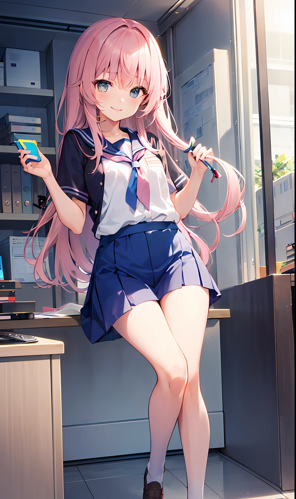 ((tmasterpiece, Need)), (1 girl), ((Moe lineage)), Short pale pink hair, Slender leg type, Curl up slightly,(Workplace OL), The face of a junior e parted bangs, Gentle smile, Hip line, Kind smile,Low viewing angle,Hold the folder in your hand,(Aru:Blue Storage Pavilion)