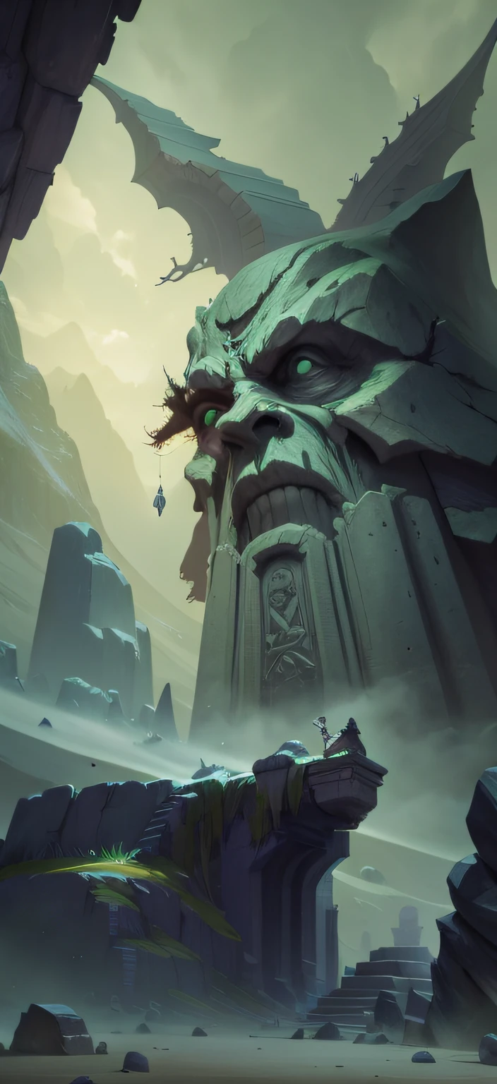 Draw a giant old man statue of man standing on a stone platform,The background is a mountain, low details. Digital painting, painted as a game concept art, , dota! matte painting concept art, stone colossus remains, ((monolithic)), Concept painting, concept-art, concept art for a video game, environment concept art