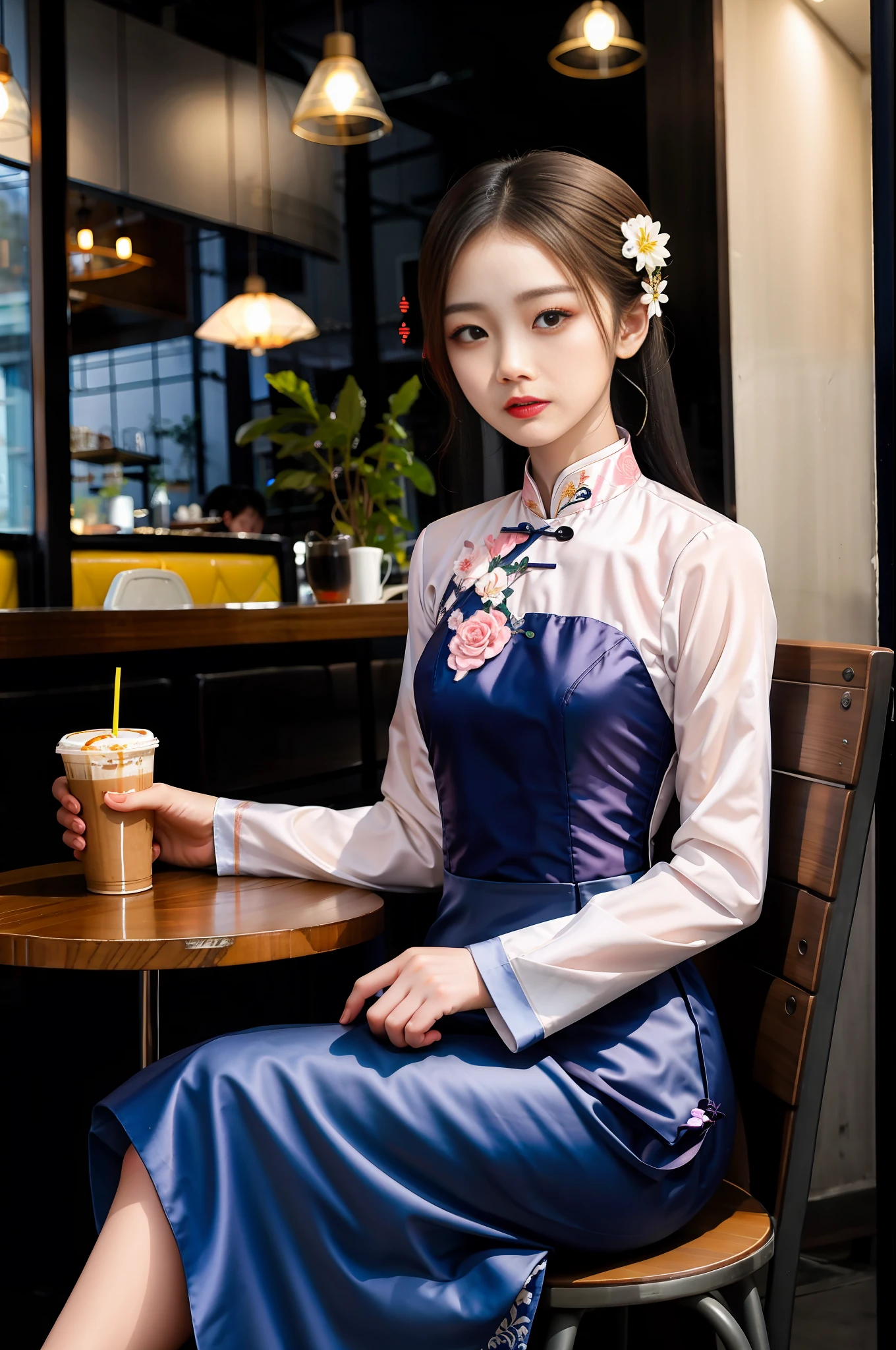 A girl wearing Vietnamese Ao Dai is sitting in a cafe.
